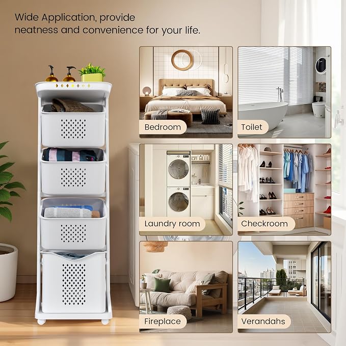 BAOKALER 4-Tier Laundry Hamper Sorter, Vertical Rolling Laundry Baskets with Wheels Removable, Stackable Laundry Cart Organizer and Storage for Small Space, Dorm, Closet, Bathroom