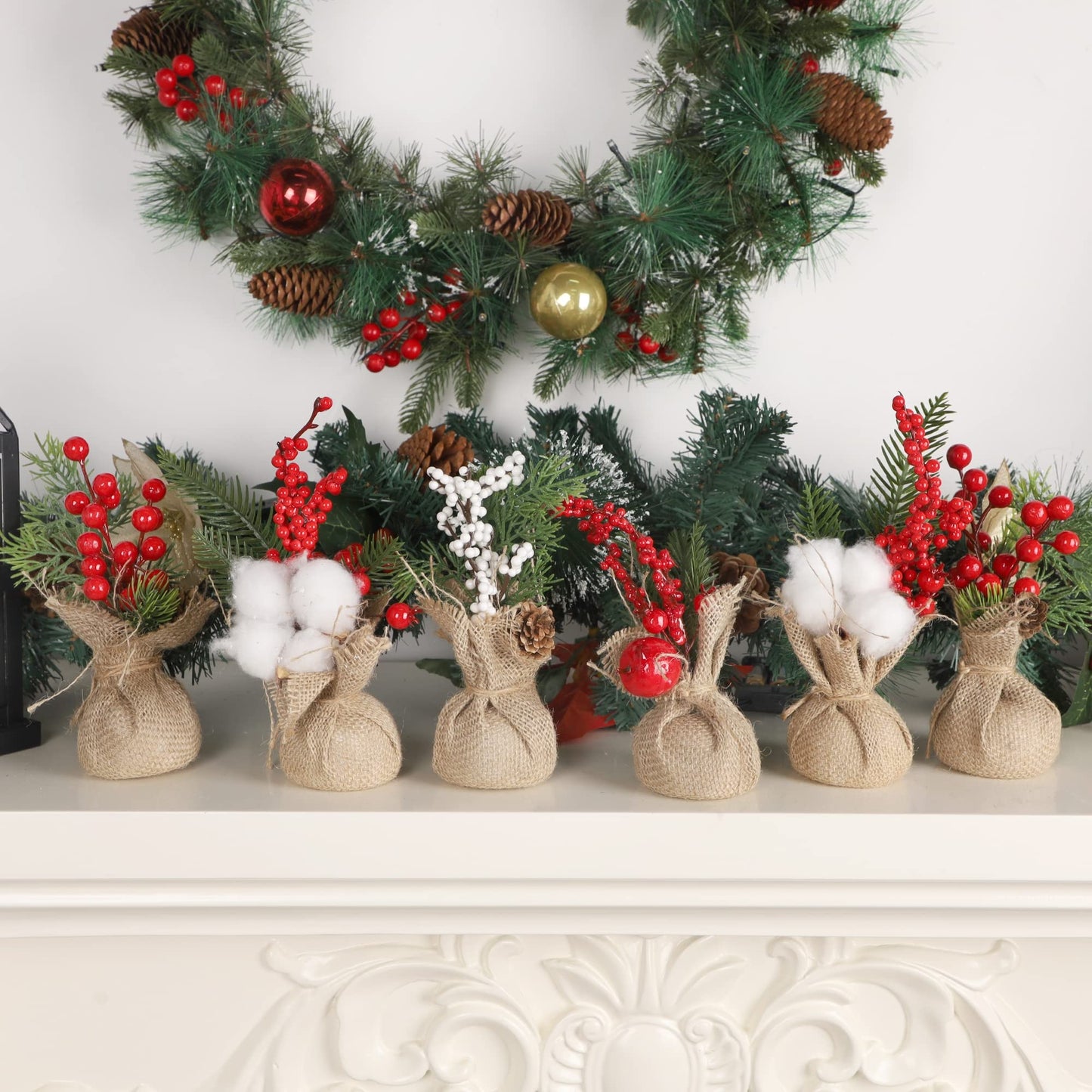 winemana 6 Pcs Mini Christmas Tree Table Decorations, 8" Small Artificial Trees with Red Berries Pine Cone Greenery Tabletop Centerpiece for Home Office Room Holiday Decorations