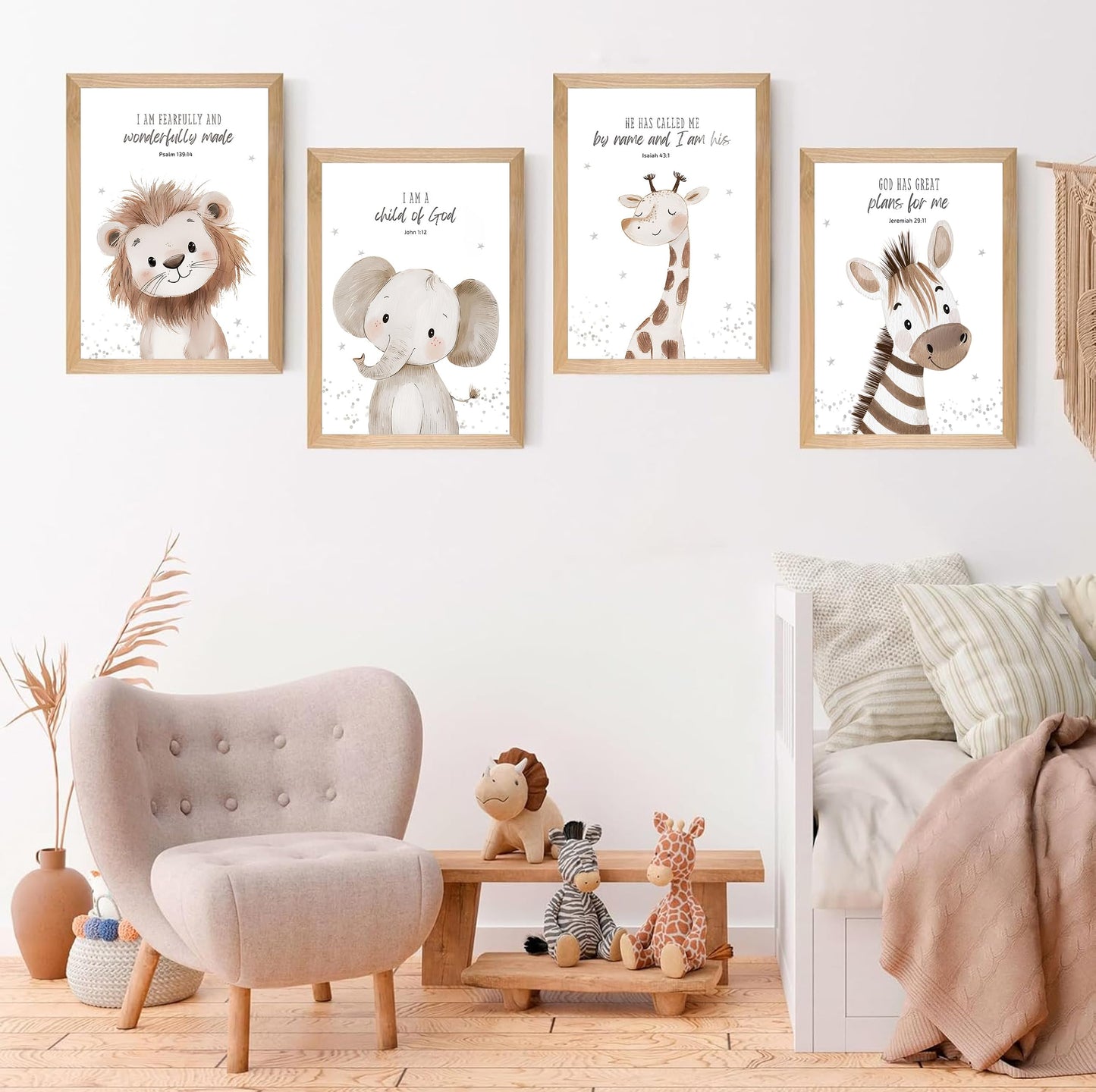 4Pcs Nursery Bible Verse Animal Canvas Wall Art Funny Cute Safari Animals Christian Painting Picture Wall Decor Lions Elephant Giraffe Zebra Poster Print Artwork for Boys and Girls Home Decoration