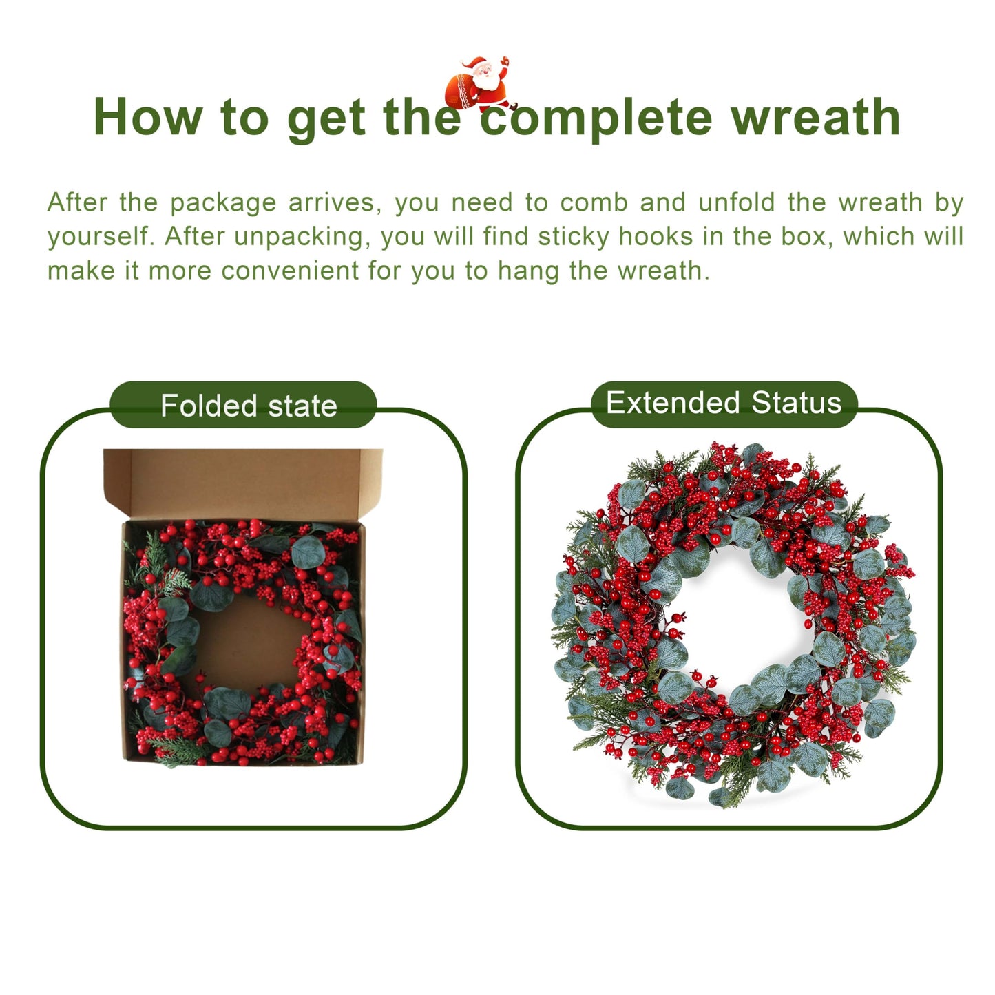 WSTPUPU Artificial Christmas Wreath 22inch Christmas Wreaths for Front Door Xmas Red Berry Wreath with Eucalyptus Leaves Pine Needles Red Berries for Wall Farmhouse Window Winter Holidays