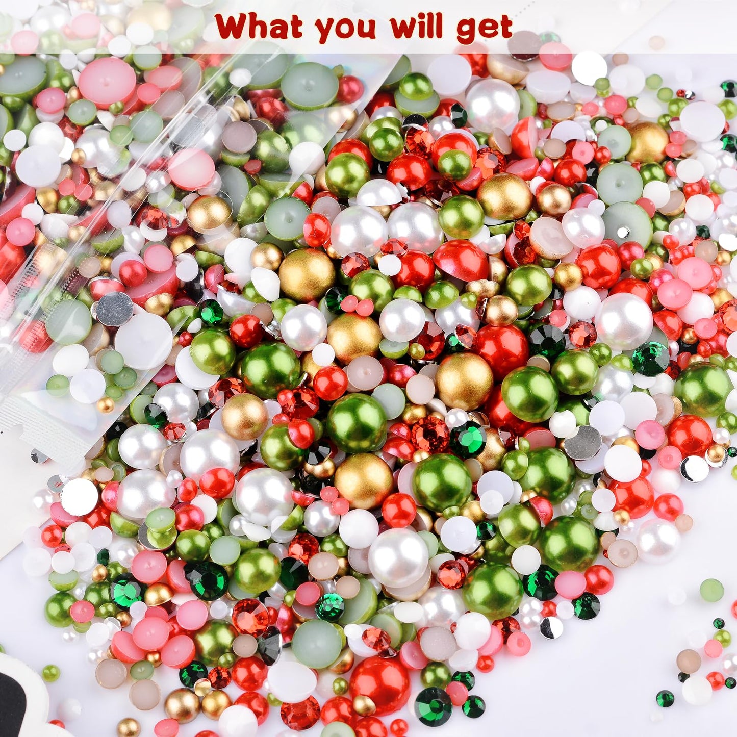 Kikonoke 75g Mix Resin Pearls Rhinestones Kit, 3-10mm Half Pearls and 2-6mm Flatback Rhinestones for Nail Art Decoration Shoes Clothes Tumblers Scrapbooking Craft DIY (Christmas)