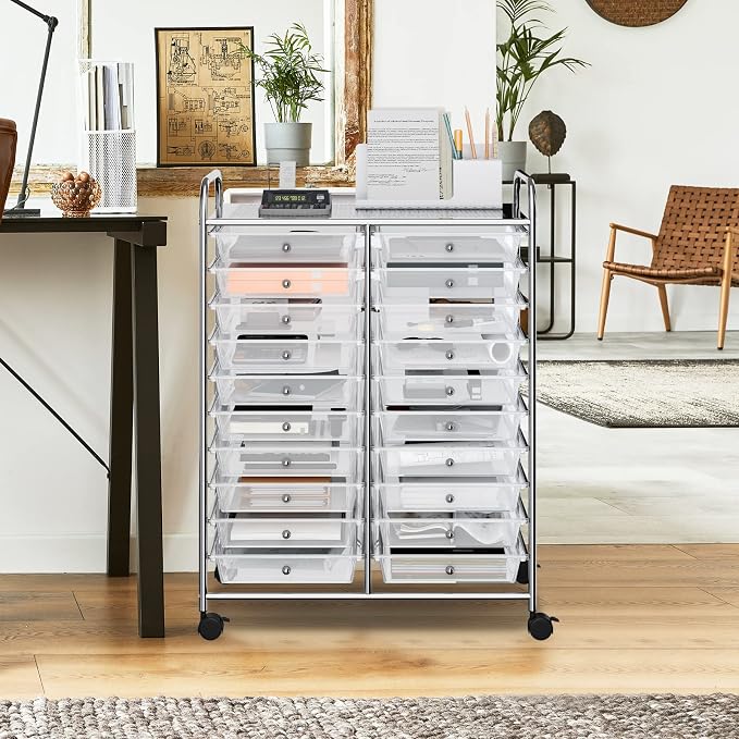 COSTWAY 20 Drawers Rolling Storage Cart, Multipurpose Movable Organizer Cart for Tools, Scrapbook, Paper, Craft, Utility Storage Trolley on Wheels for Home Office School (Clear)