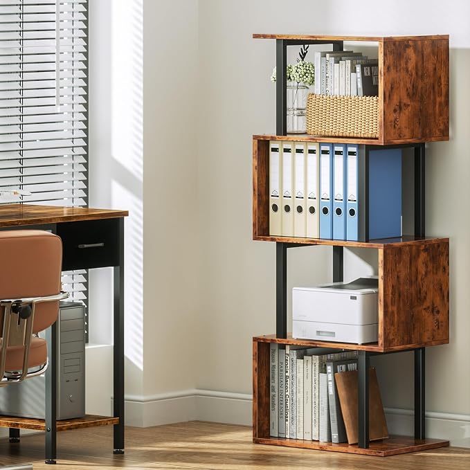 Furologee 5 Tier Bookshelf, S Shaped Geometric Bookcase, Narrow Freestanding Display Shelves, Modern Wood Decorative Storage Rack for Bedroom, Living Room, Home Office, Rustic Brown