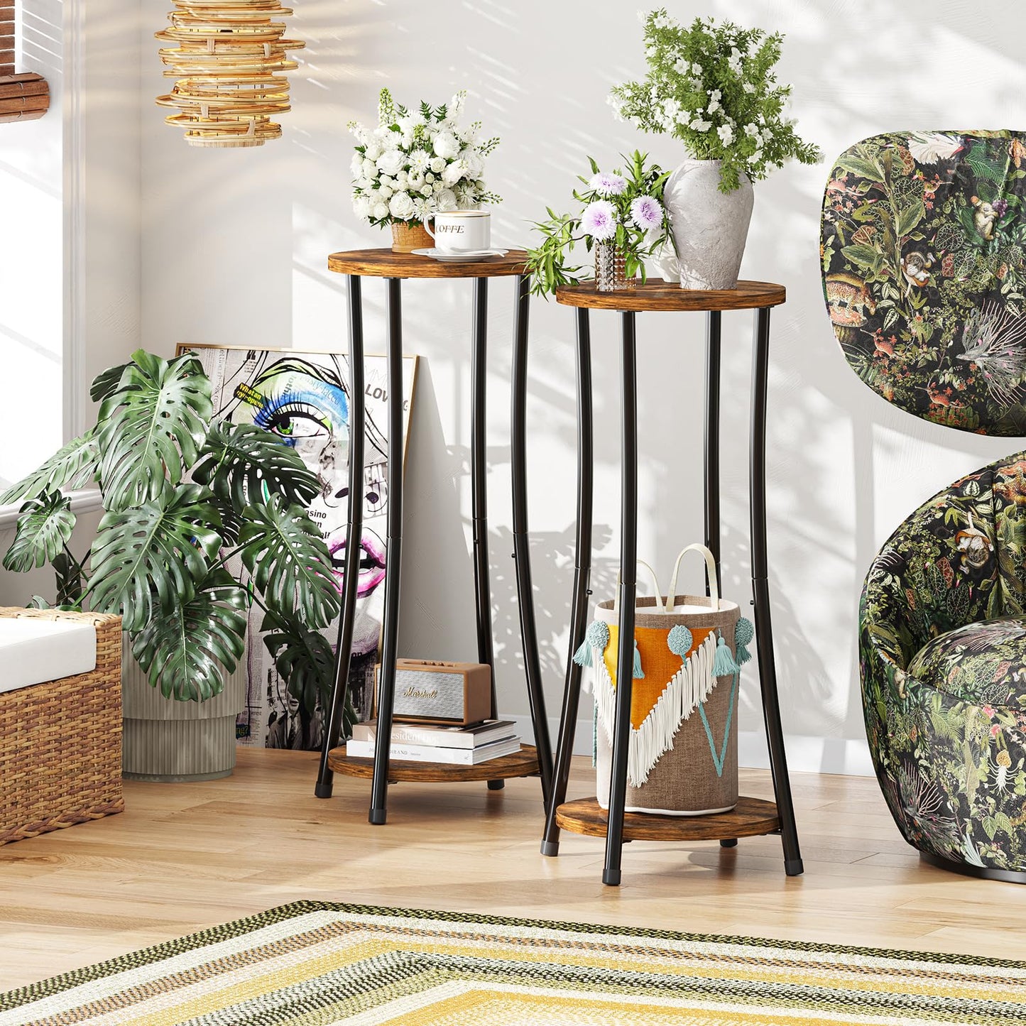 Ekisemio 2-Pack Plant Stand Indoor Outdoor, 2-Tier Round Flower Pot Holder with Rustic Brown Finish, Corner Plant Shelf for Balcony, Garden, Patio or Living Room