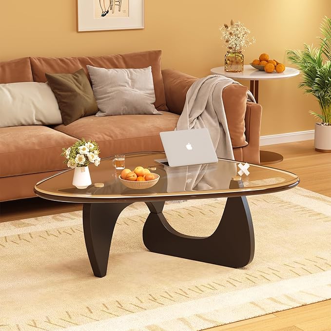 Coffee Table for Living Room Mid Century Modern Center Small Table with Glass Top and Wood, Black Transparent(45 Inch)