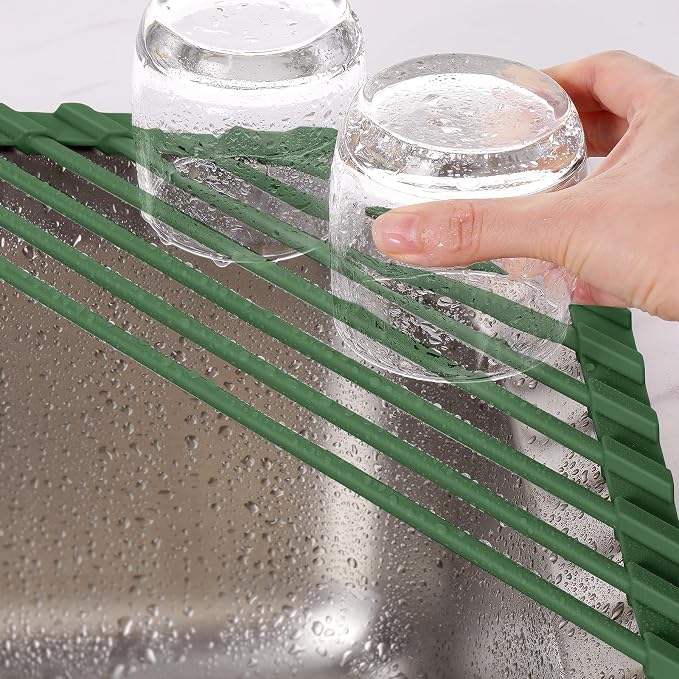 Tomorotec Compact Silicone-Coated Triangle Dish Drying Rack for Sink Corner - Foldable Stainless Steel Over-The-Sink Organizer and Storage Shelf (Army Green)
