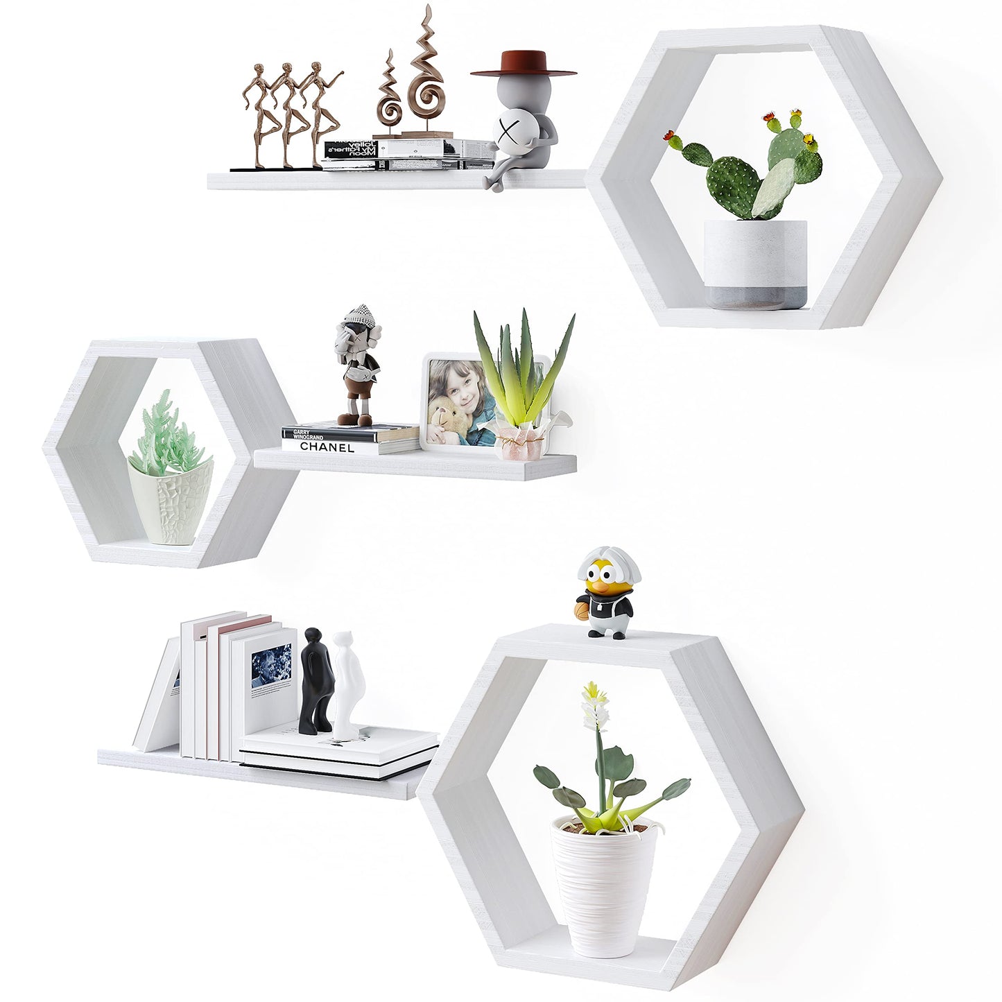 LUDORU Wooden Hexagon Floating Shelves Wall Mounted - Set of 6 Pine Wood Hexagon Shelves Display for Photos,Plants,Rustic Honeycomb Shelves for Living Room, Bedroom,Bathroom, Kitchen, Office, White.