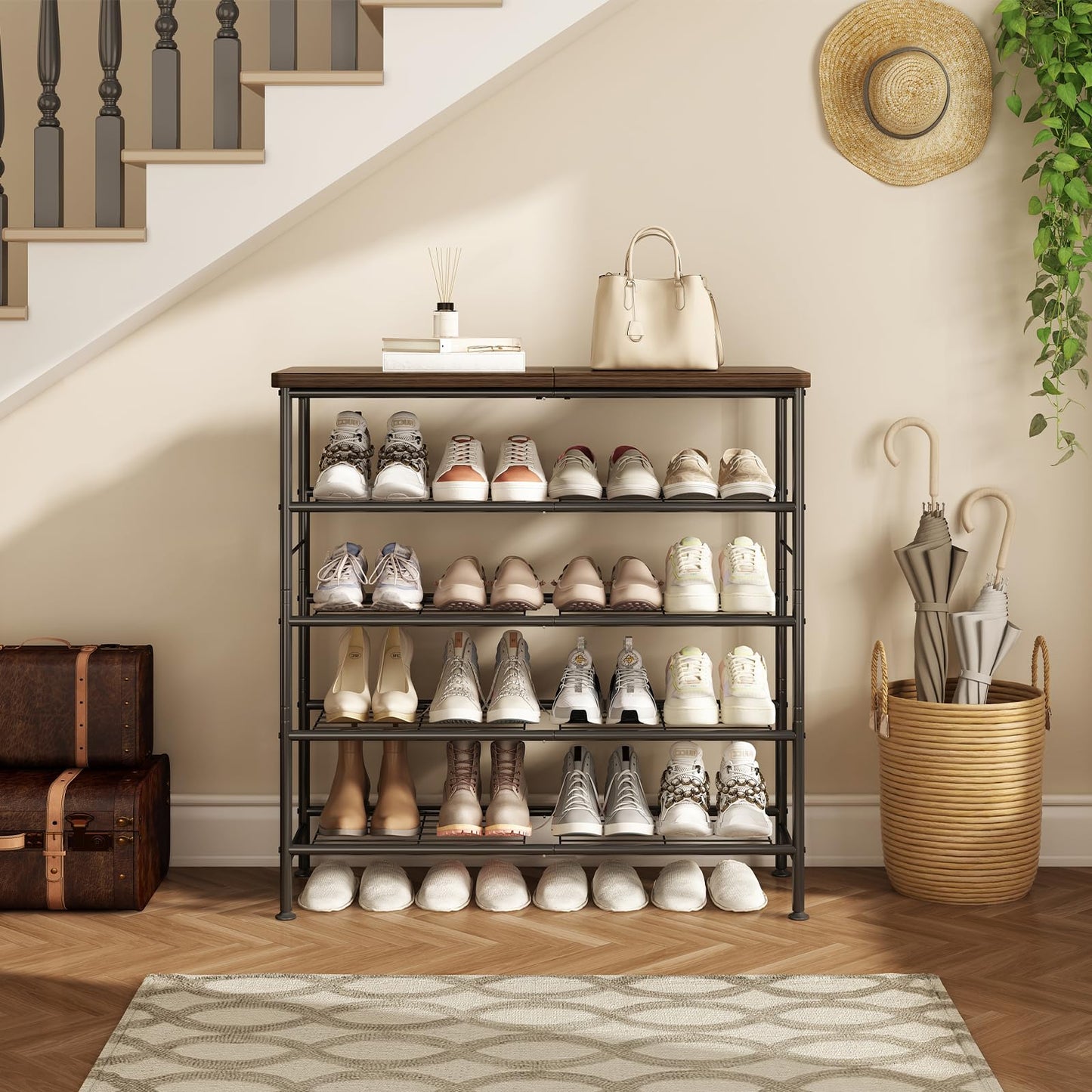 SUOERNUO Shoe Rack Organizer 5 Tier for Closet Entryway Free Standing Metal Storage Shoe Shelf with MDF Top Board,Black+Rustic Brown