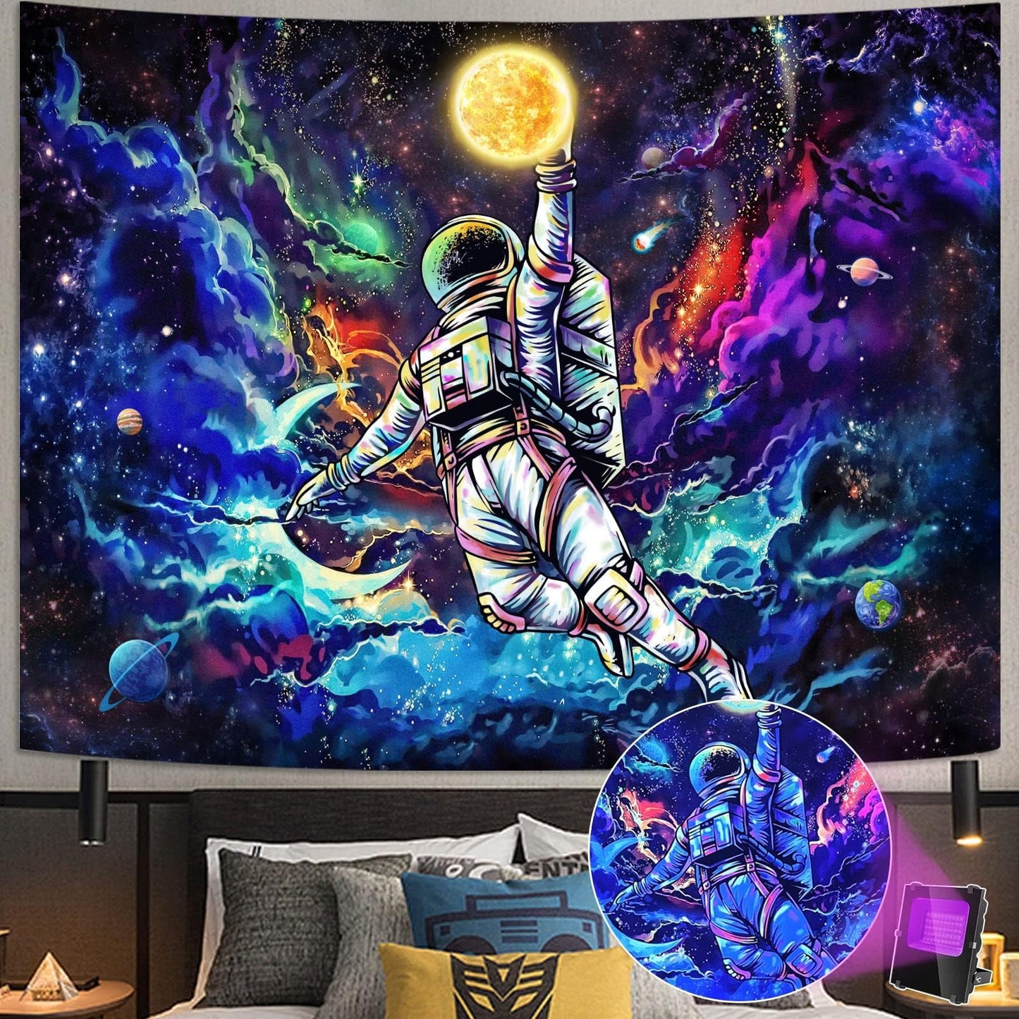 kampdream Blacklight Astronaut Space Tapestry, UV Reactive Galaxy Universe Planet Glow in Dark Tapestries for Men, Boys and Teens Cool Poster 36×48 inch