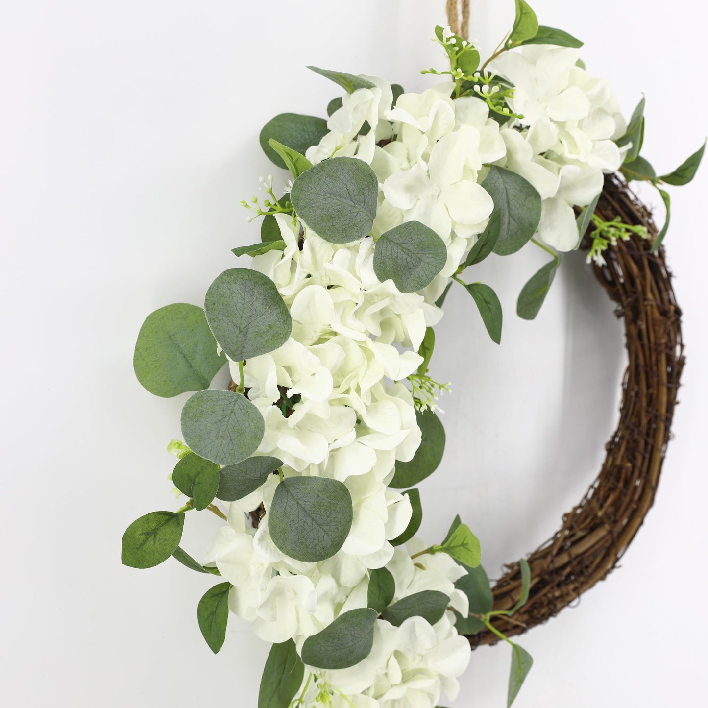 COLLECTIVE HOME - Artificial Wreath, 20" Artificial Wreath for Front Door, Spring Green Leaf for Window Wedding, Home Porch Patio Garden Decor (Grapevines Cream Hydrangeas)