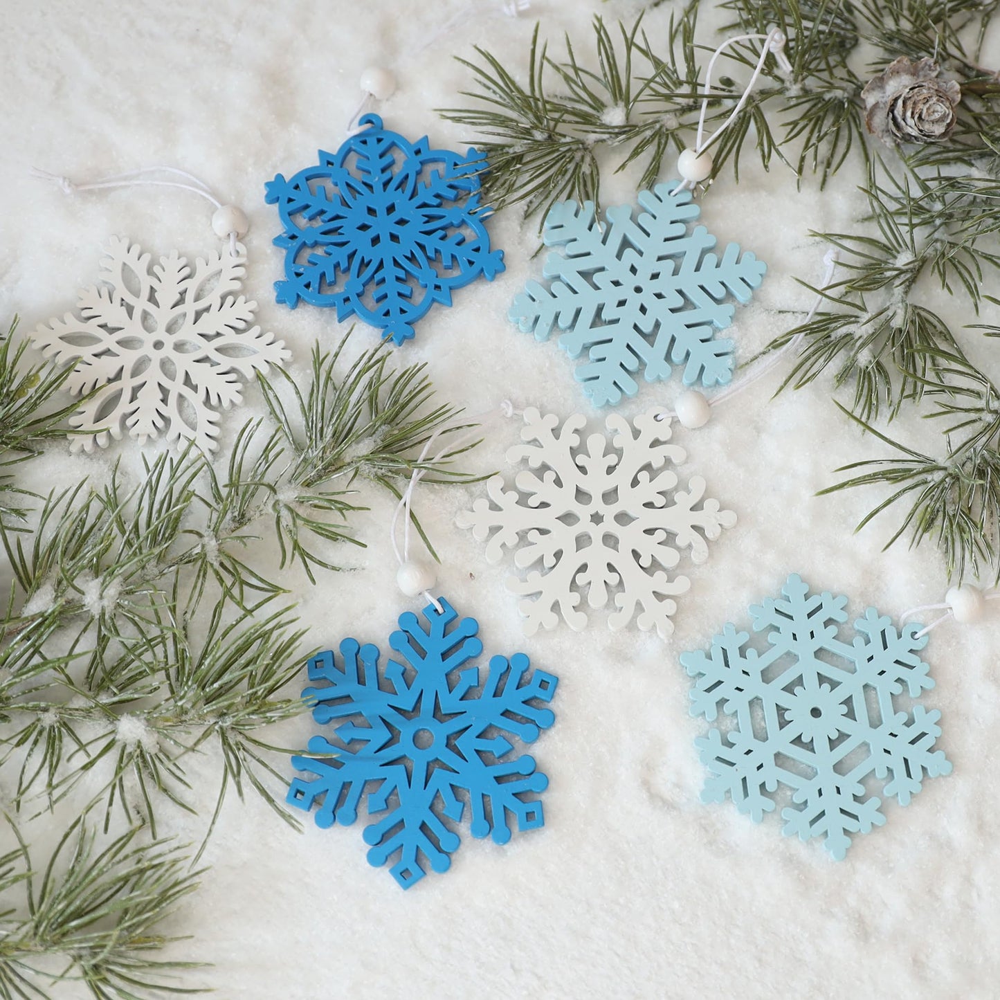 24Pcs Blue Snowflake Ornaments for Christmas Tree Decorations, 3inch Wooden Snowflakes Christmas Ornaments for Winter Wonderland DIY Craft New Year Xmas Supplies