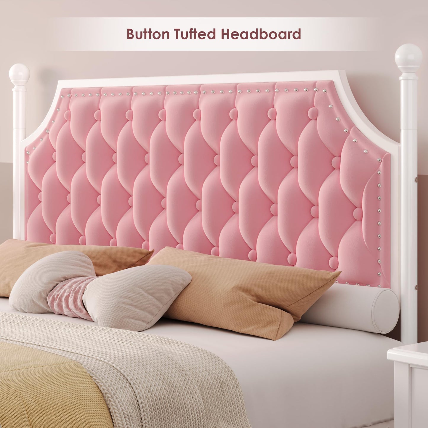 Keyluv Queen Upholstered Canopy Bed Frame with 2 Storage Drawers & Button Tufted Headboard, Metal Platform Bed with 4 Removable Posts, Two-Purpose Velvet Bed, Pink/Curtain Not Included