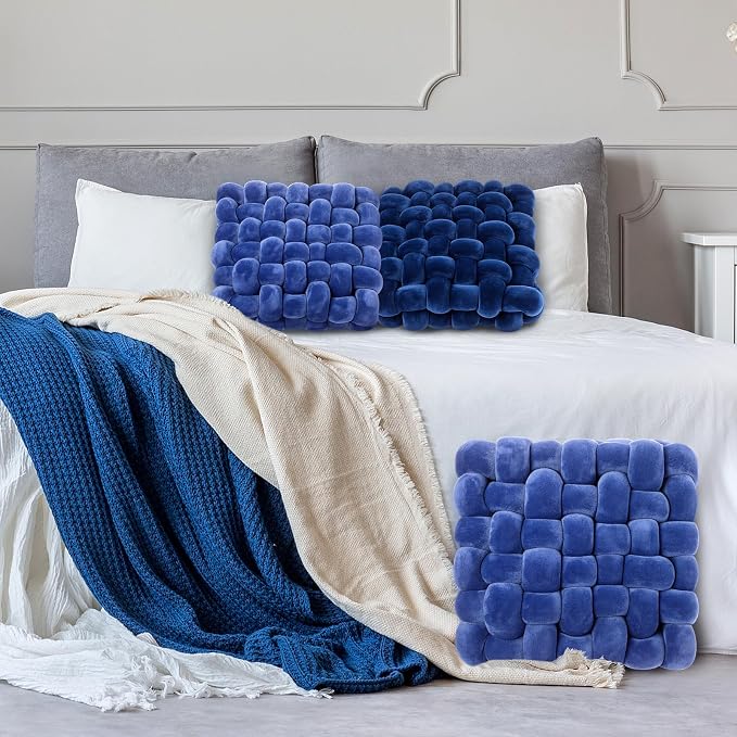 Wenqik 2 Pcs Knot Pillows Square Knotted Plush Throws Soft Accent Pillows Decoration Cushion for Couch Home Office Living Room Bedroom Bed Sofa Decor, 12'' x 13''(Blue,Crystal Velvet)