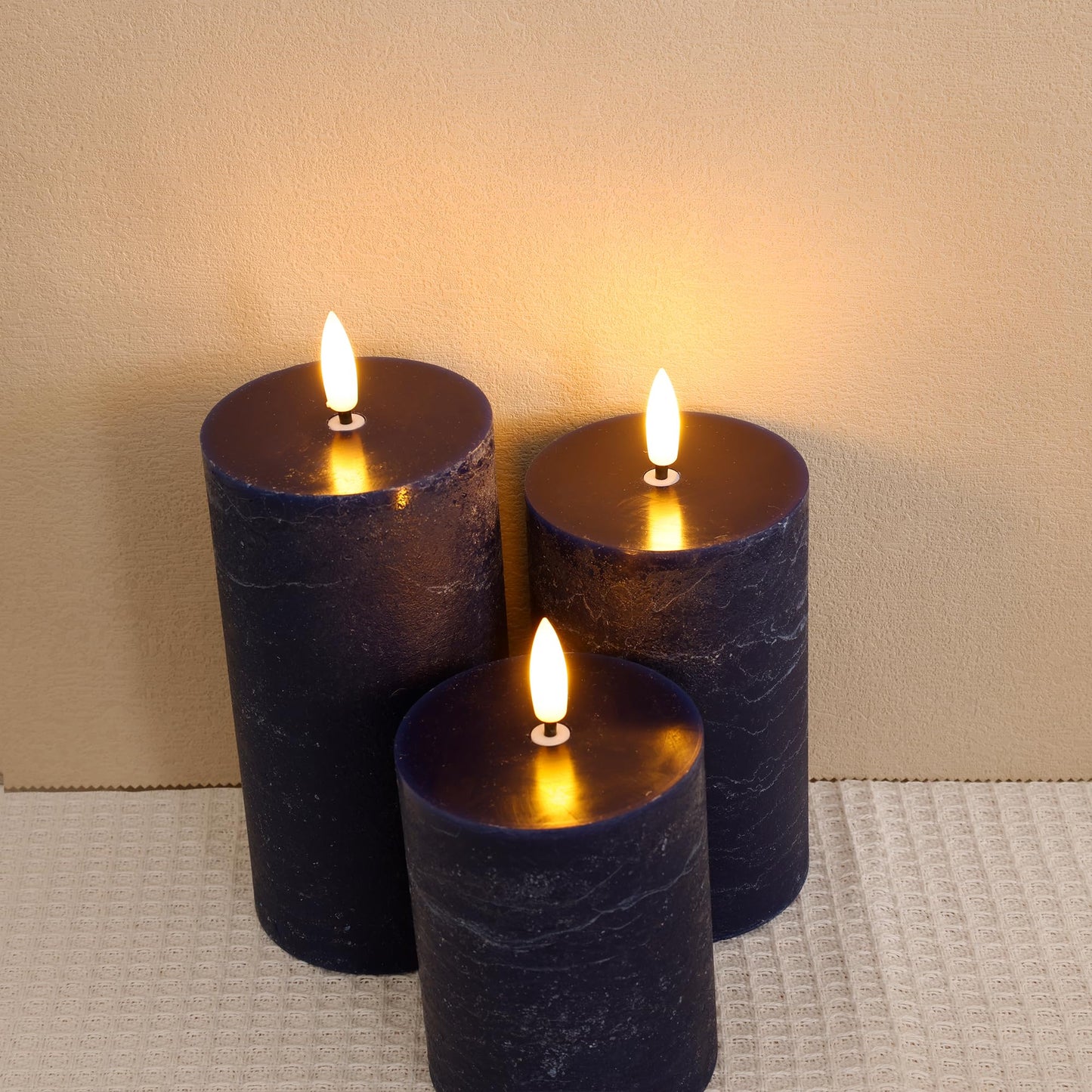 AFINETH Navy Blue Flameless Candles, Real Wax Battery Operated Candles with Remote, Flat Top Flickering LED Pillar Candles for Home Party Wedding Holiday Decor, Set of 3 (H 4" 5" 6" x D3)