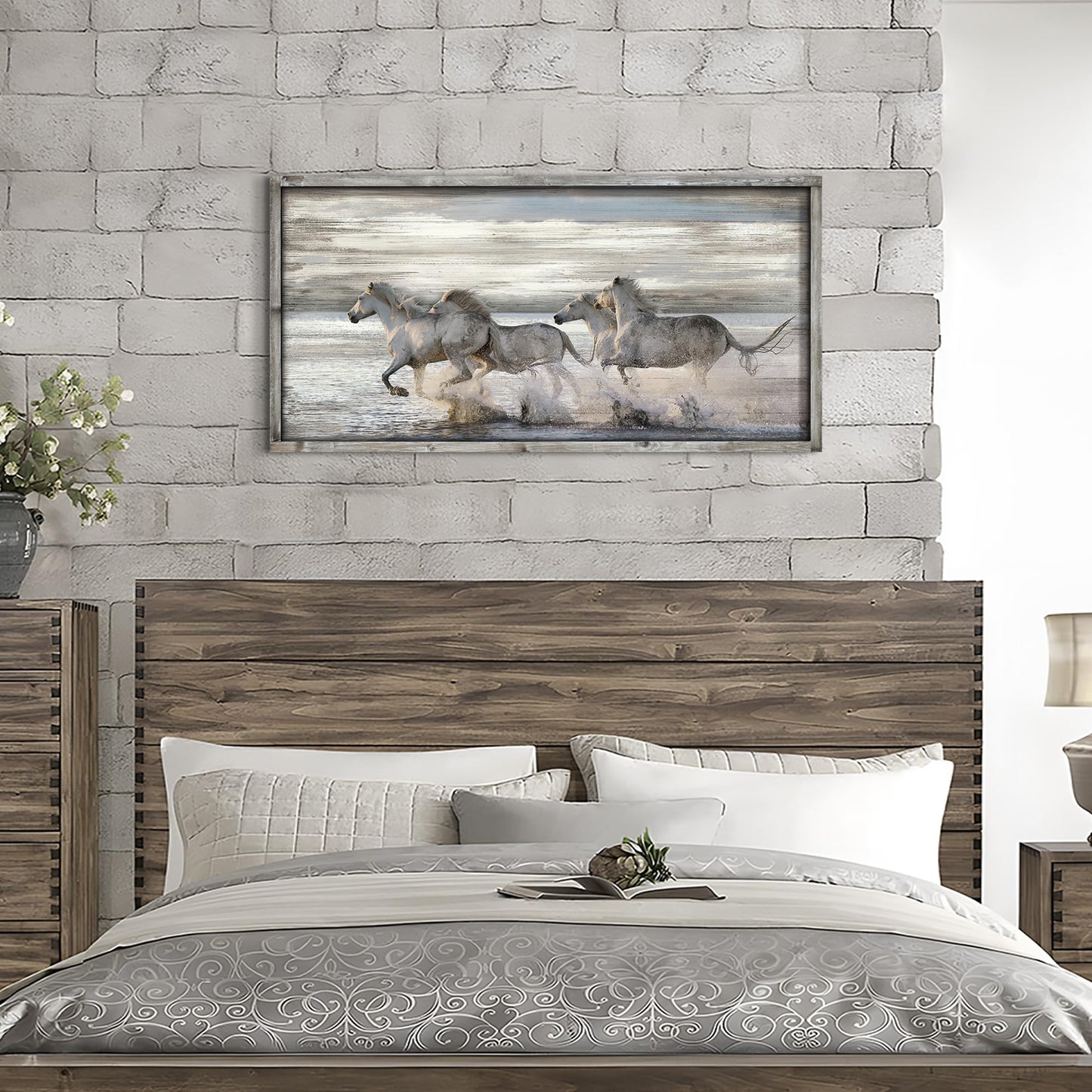 Horse Pictures Wall Art Framed: Running Animal Horses Print on Textured Natural Wood with Handcrafts Rustic Sturdy Framed Artwork for Farmhouse Decor (40'' x 20'' x 1 Panel)