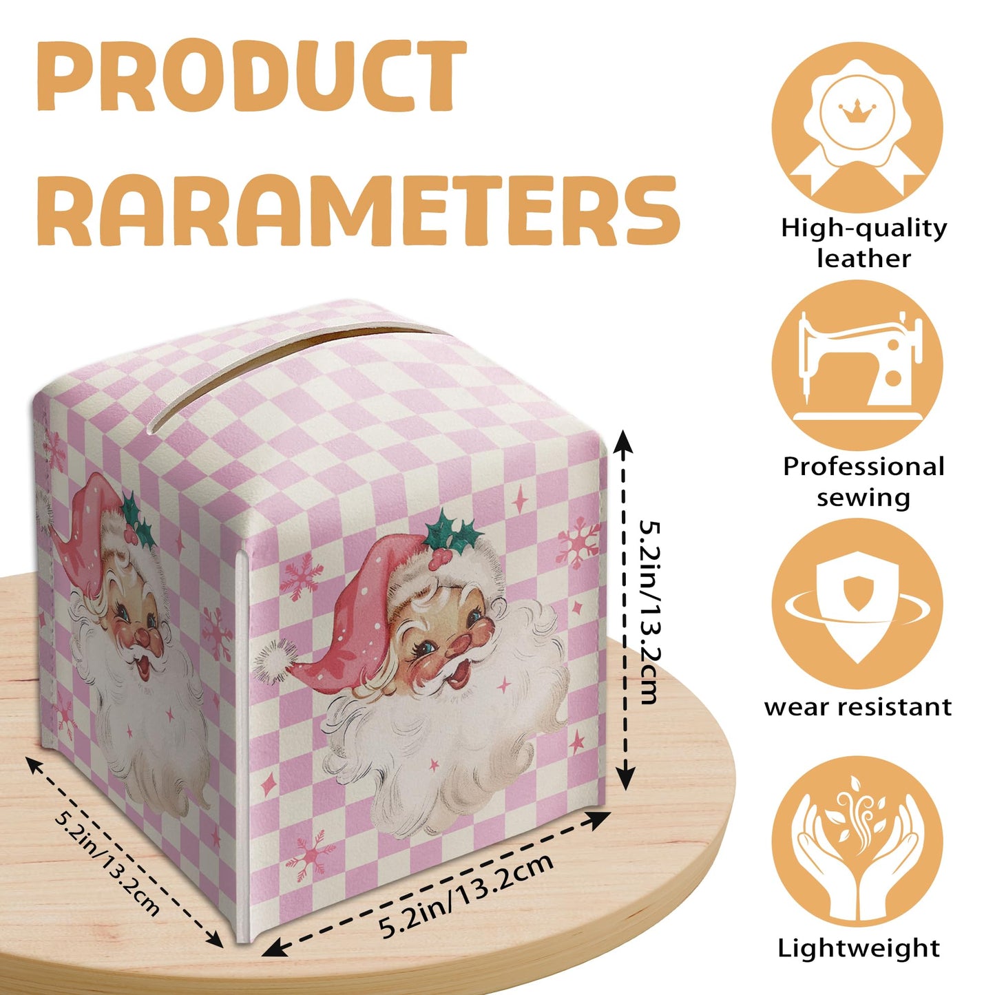 Merry Christmas Tissue Box Holder, Santa Claus Pink Checkered Leather Tissue Box Cover Square, Paper Facial Decorative Tissues Cover for Night Stands Bathroom Office Home Decor-B09