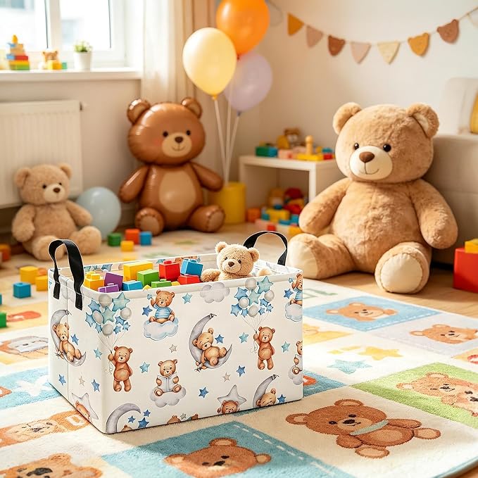 Rectangular Cute Bear Pattern Storage Bin, Decorative Canvas Laundry Basket with Dual Handles, Foldable Toy & Household Organizer, Multipurpose Party Gift Basket for Home Bedroom Dorm