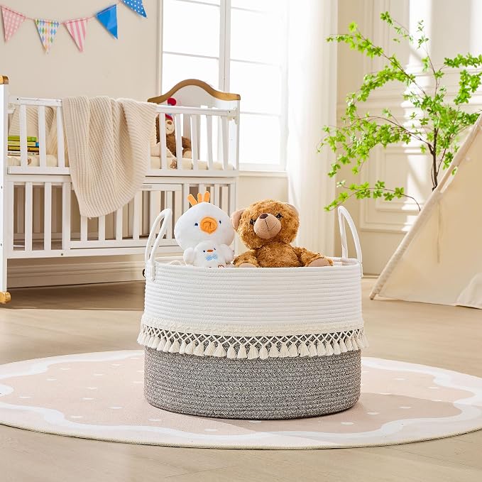 KAKAMAY Cotton Rope Storage Basket (20"x13"),Woven Hamper for Blankets,Toys,Pillows,Clothes,Laundry,Sturdy Handles Decorative Basket for Living Room, Bedroom,Nursery(Beige Fringe)