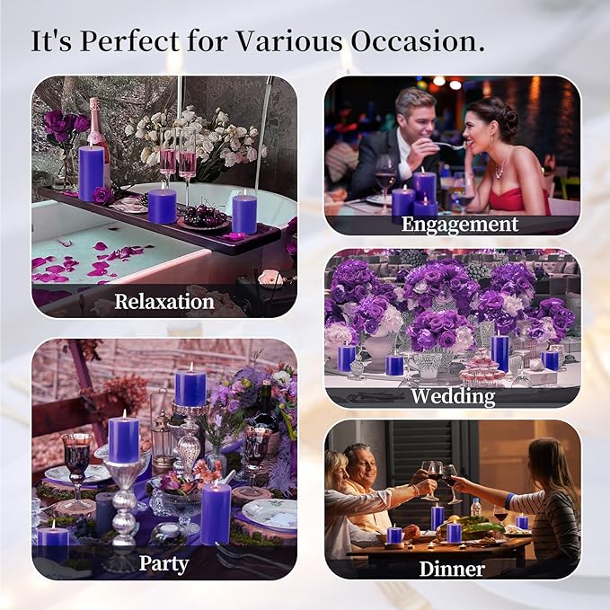 KONNI Violet Pillar Candles Set of 3, 3"x 4" Unscented Pillar Candles Bulk, 39 Hours Long Burning Candles, Smokeless and Dripless Large Round Candle for Wedding, Home Decoration, Parties, Spas, Dinner