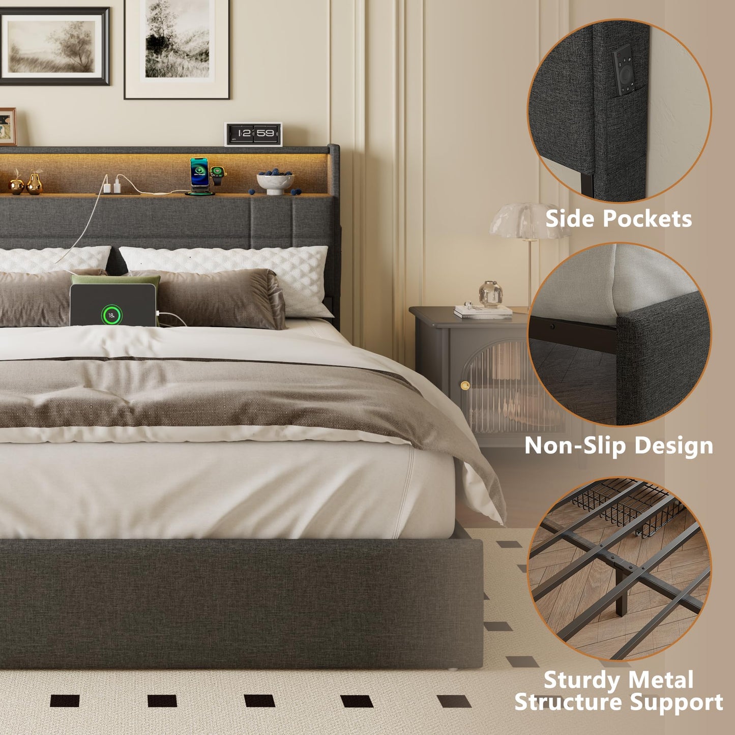 Forestell Queen Bed Frame with 4 Drawers and Storage Headboard, Grey Upholstered Platform Bed Frame Queen Size with Charging Station and LED Lights, Metal Slats Support, No Box Spring Needed