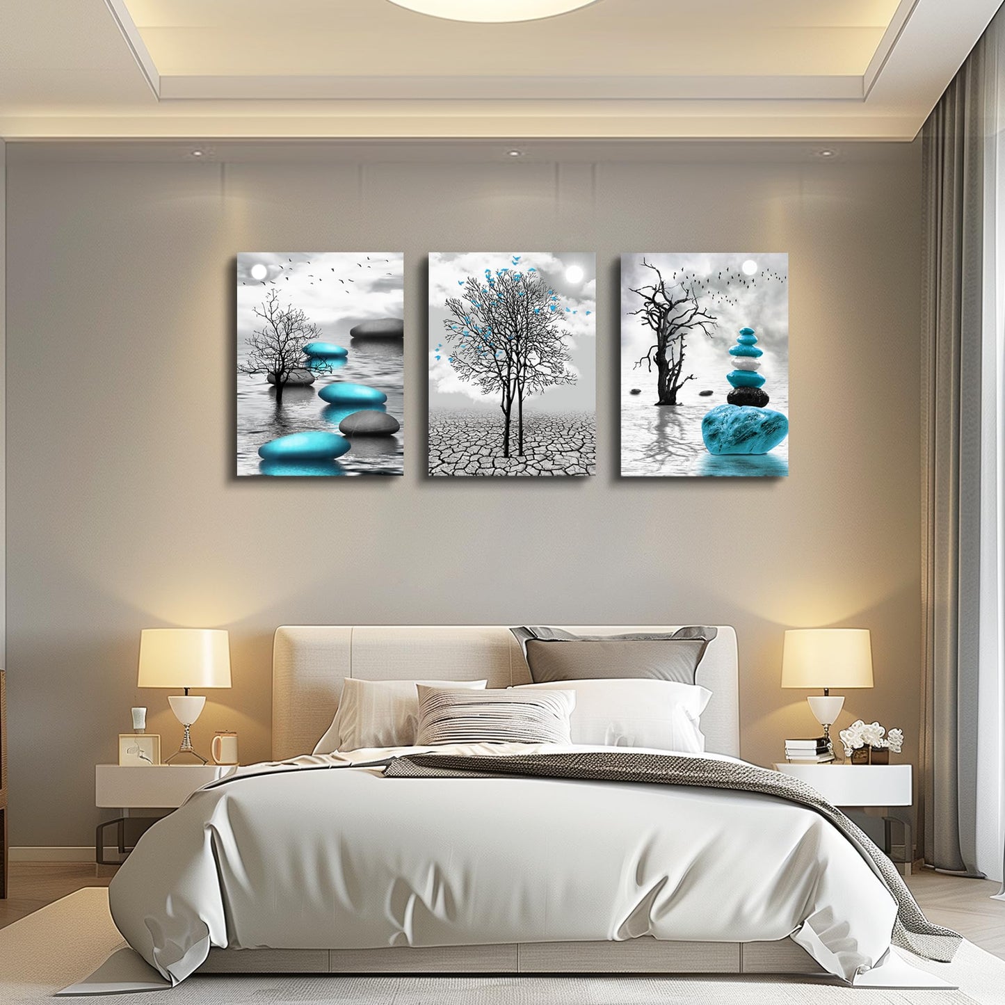 DZRWUBHS Abstract Wall Art for Living Room,3 Piece Modern Canvas Artworks Stones in The Water Zen Wall Decor Minimalist Meditation Picture Painting Prints for Bedroom Bathroom Hallway Home Office
