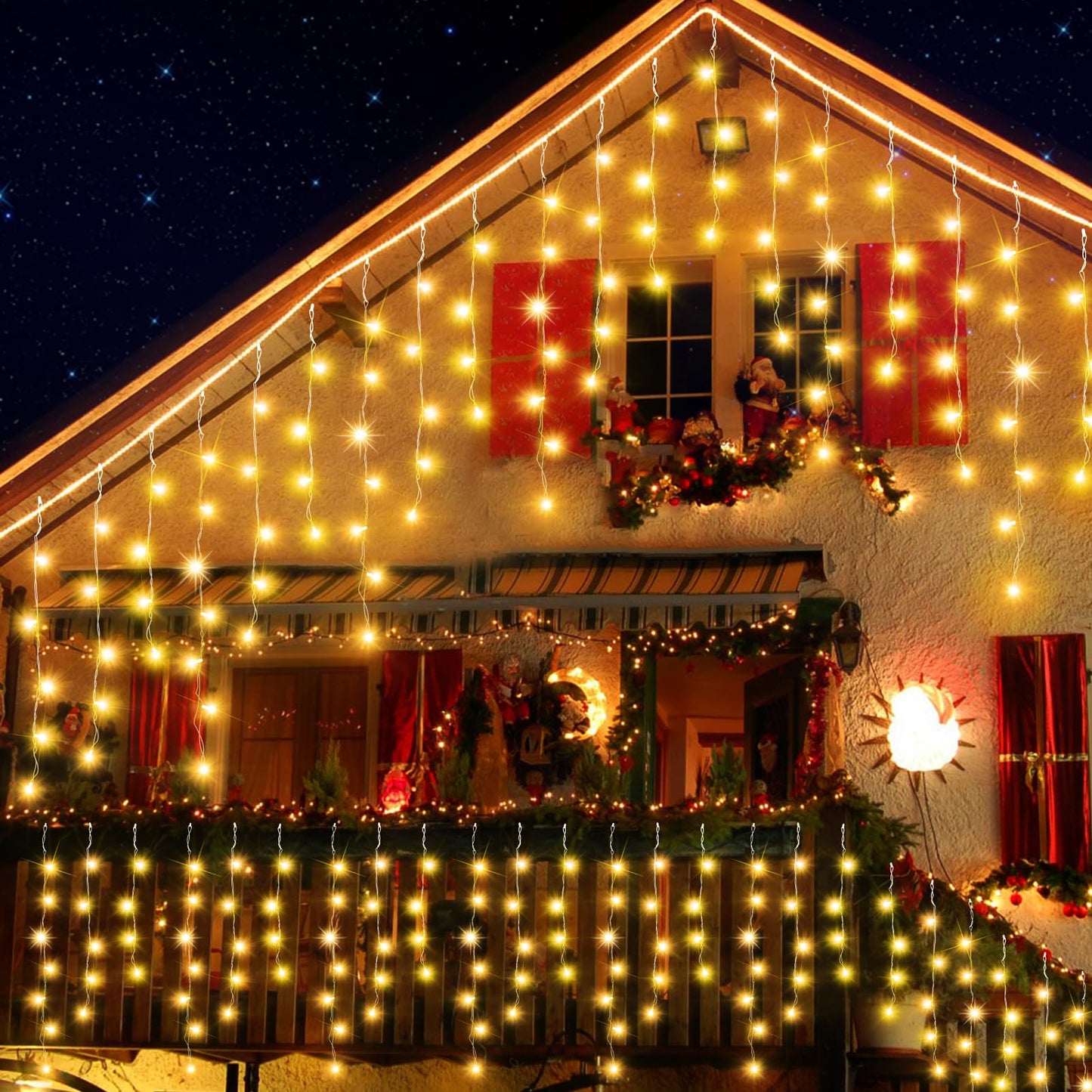 JREWDOIN 131FT Christmas Lights Outdoor 1440 LED Christmas Decorations Waterproof Plug in with 8 Modes & Timer Christmas Lights for Roof Party Garden Holiday Decor(Warm White)