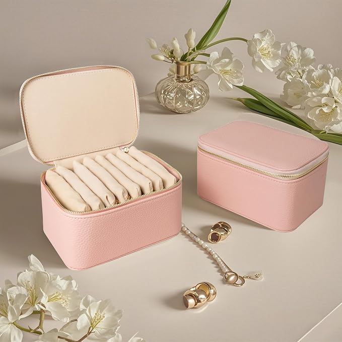 Travel Jewelry Case, Portable Jewelry Box with 6 Jewelry Bags,Travel Gift for Women Teen Girls (Pink 8 Pcs)