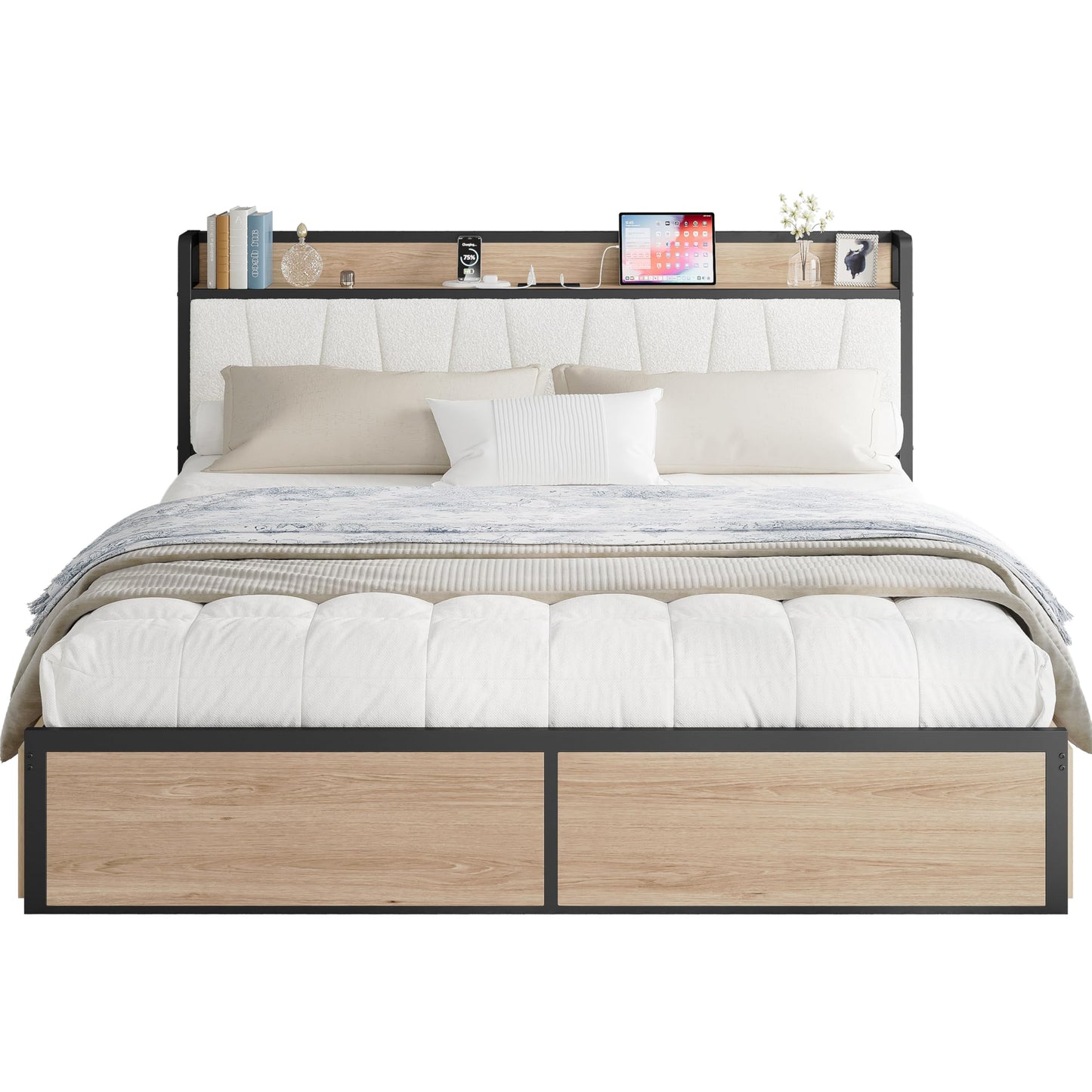 LIKIMIO King Bed Frame with 4 Storage Drawers, Platform Bed with Charged Headboard, Sturdy and Stable, No Noise, No Box Spring Needed, Easy Install, Wood and Cream