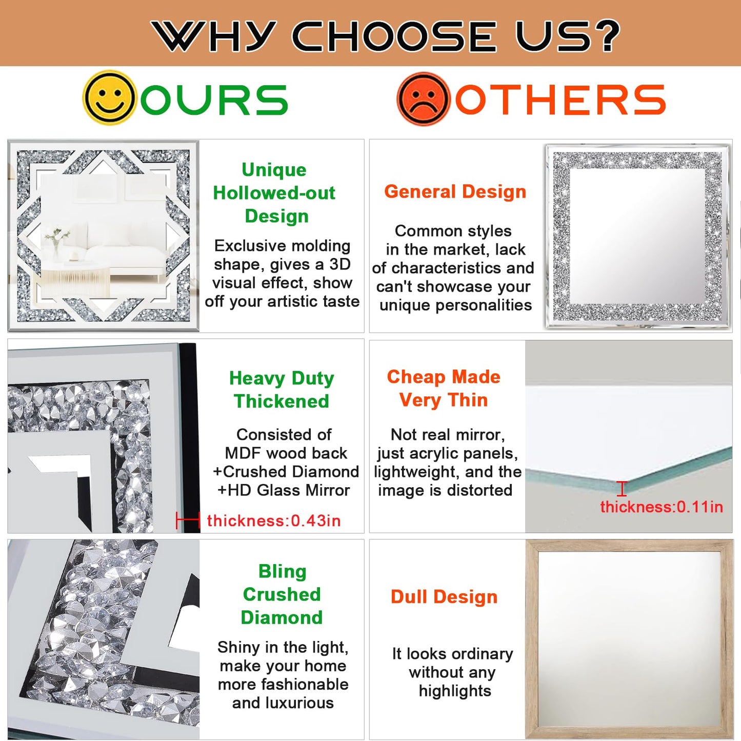 2 Piece Square Hollow Crushed Diamond Decorative Mirror, Silver Crushed Diamond Mirror Decor Wall for Living Room Bedroom Bathroom (12”x12”)