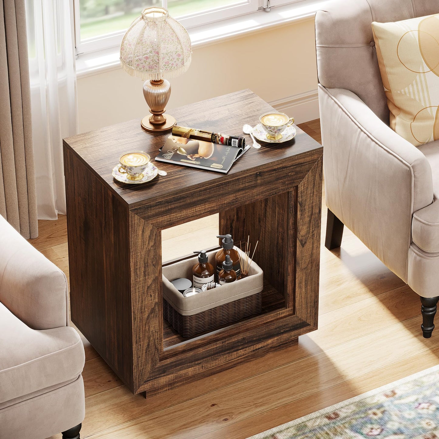 Tribesigns Rustic Wood End Table, 2 Tiered Square Side Table with Storage Shelf, Industrial Sofa Side Table for Living Room, Entrance (Rustic Brown) (1)
