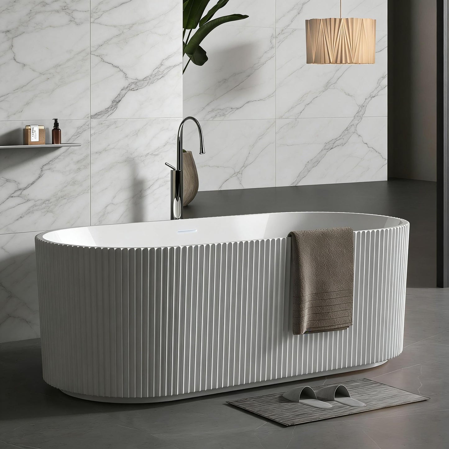 59'' Freestanding Bathtub, Deep Acrylic Soaking Tub with Non-Slip Base, cUPC Certified Modern Free Standing Tub, Chrome Drain, White Bath Tub for Bathroom Remodel and Spa-Like Comfort
