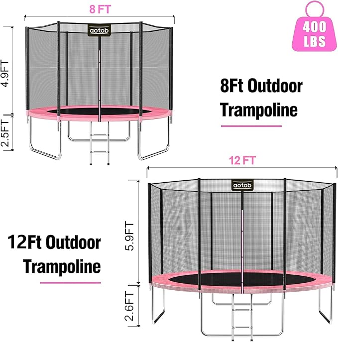 AOTOB 8FT 10FT 12FT 14 FT 15FT Trampoline with Safety Enclosure Net,Outdoor Trampoline with Basketball Hoop, Heavy Duty Jumping Mat and Spring Cover Padding for Kids and Adults, Storage Bag and Ladder