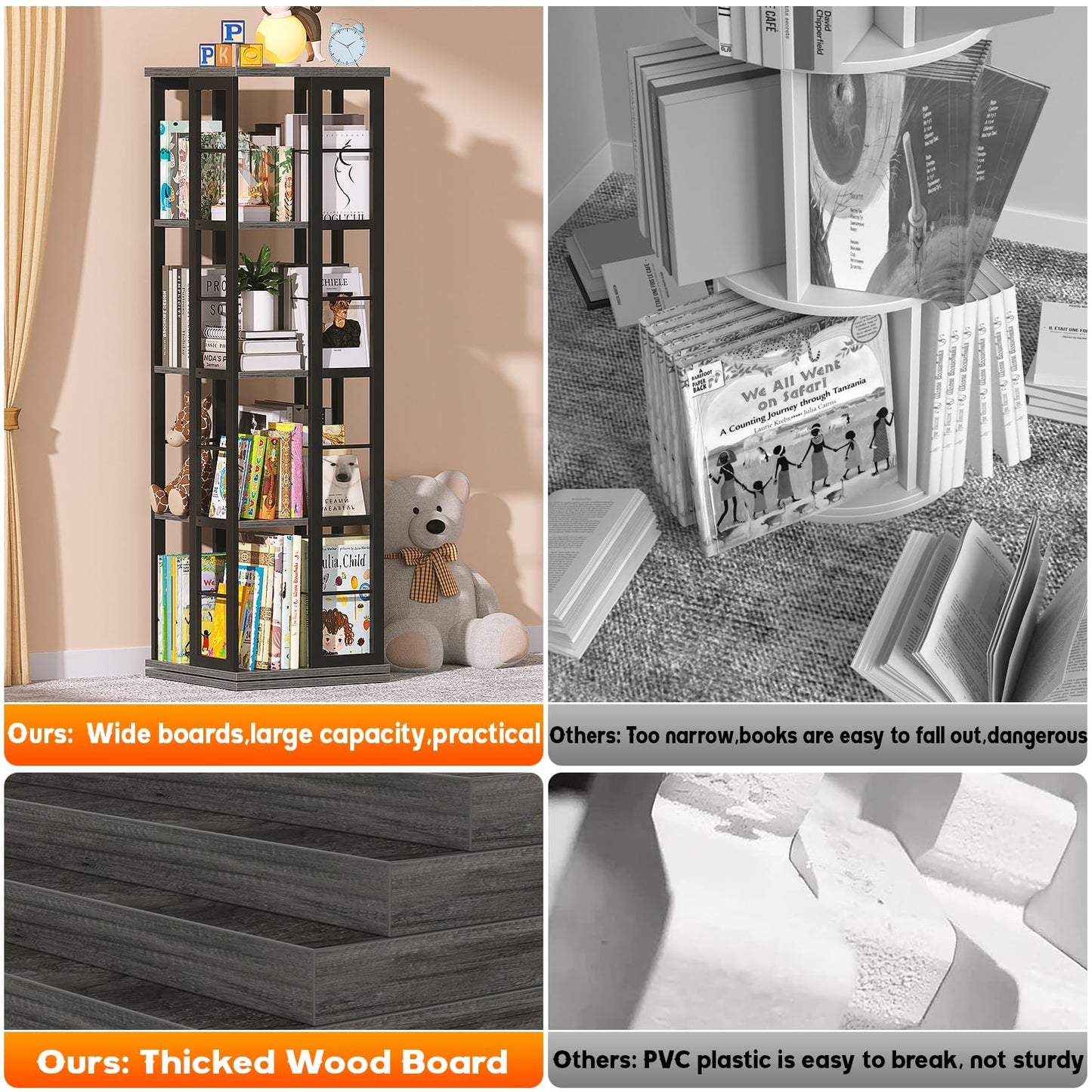 Aheaplus Rotating Bookshelf, 4-Tier Corner Bookshelf, 360 Display Wood Spinning Bookshelf, Floor Standing Bookcase Narrow Shelf Revolving Organizer Storage Rack for Small Space, Grey Oak