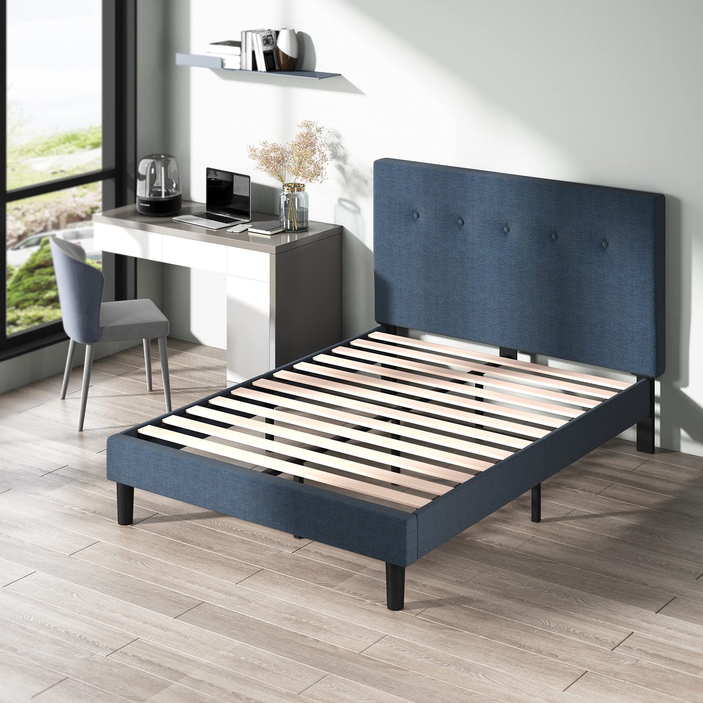 Zinus Omkaram Upholstered Platform Bed Frame, Mattress Foundation, Wood Slat Support, No Box Spring Needed, Easy Assembly, King, Navy