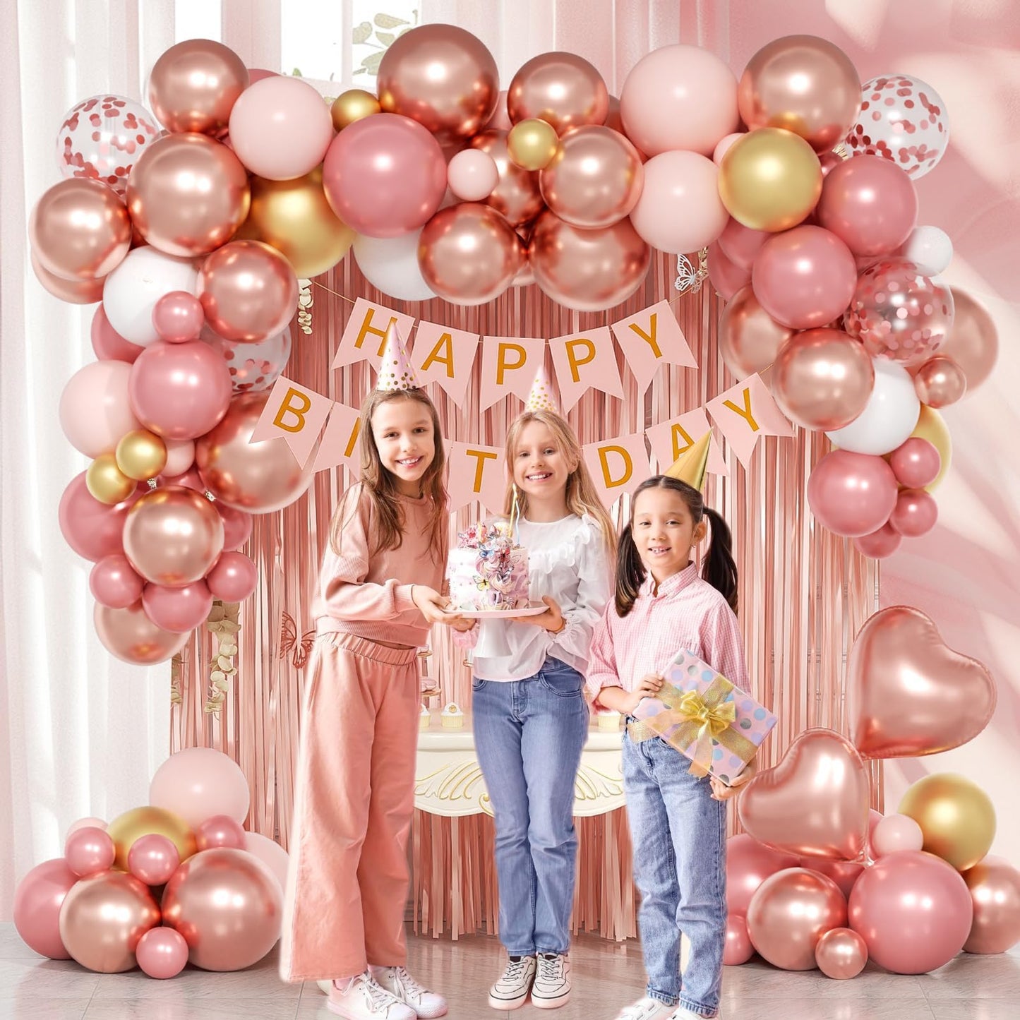 Rose Gold Birthday Decorations with Metallic Pearl Rose Gold Confetti Light Pink White Foil Balloons Fringe Curtain Banner Happy Birthday Decorations for Women