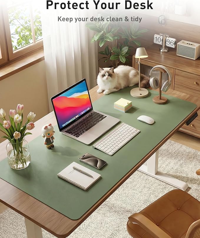 Aothia Faux Leather Desk Mat - Large Mouse Pad, Non-Slip PU Leather Blotter, Waterproof Writing Surface for Office and Home (Olive Green, 63" x 24")