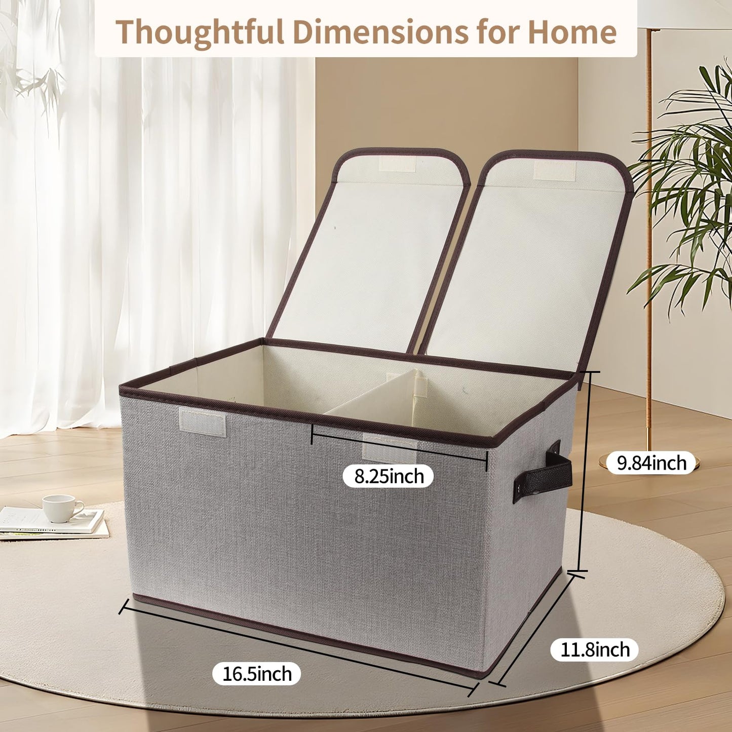 Tcbelosion Foldable Fabric Storage Box, 16.5 x 11.8 x 9.8 inches (L x W x H), with Double-Lid & Dividers, Large Organizer for Home, Closet, Office(Grey)
