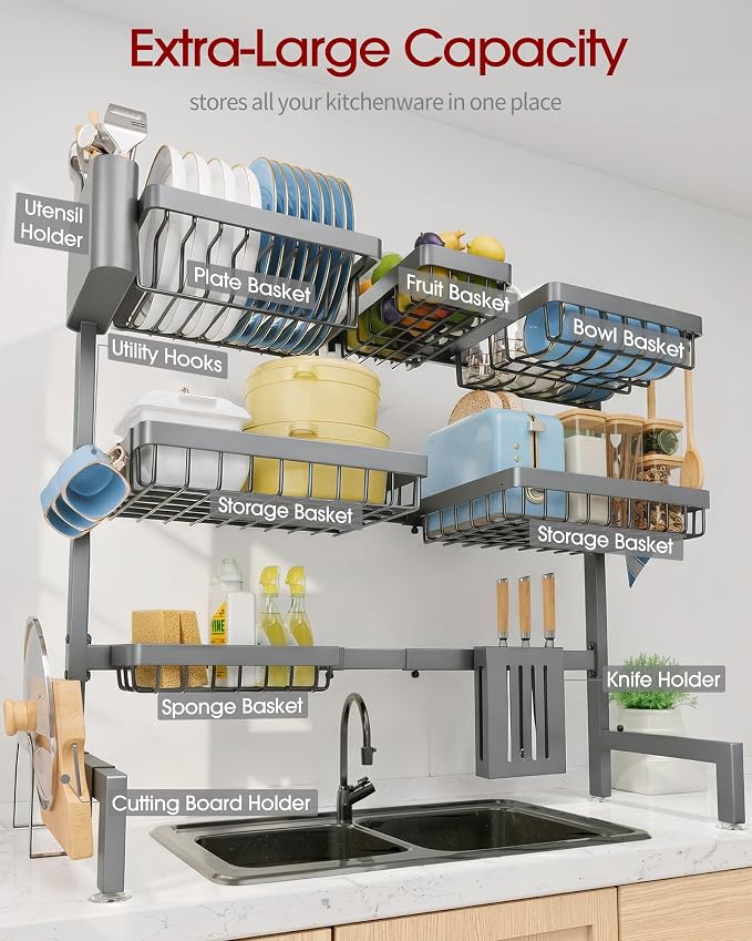 Sakugi Dish Drying Rack - Over The Sink Dish Drainer Drying Rack with Utensil & Knife Holder, Hooks, Stainless Steel Kitchen Organizers and Storage Solution, 11.8" D x 31.5"~39.0''W x 30" H, Gray