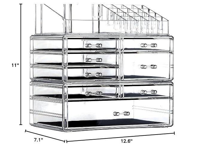 Cq acrylic 3 Pack Clear Make Up Organizer Countertop,Stackable 8 Drawers Makeup Storage,Cute Vanity Organizers for Dresser Hair Clip,Jewelry,Beauty Product Desk and Bathroom Organizers and Storage