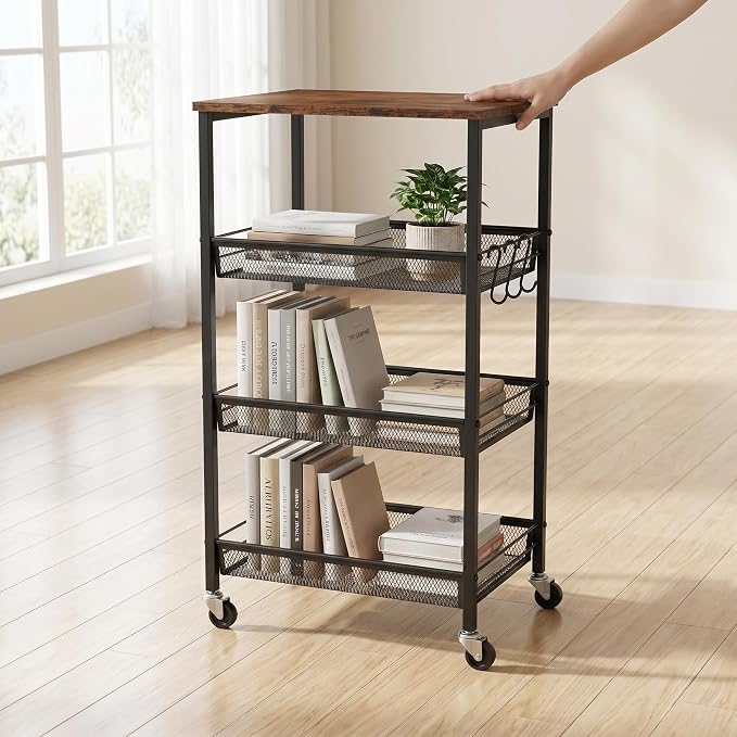 Homleke 4-Tier Rolling Kitchen Storage Cart, Utility Cart with Wooden Tabletop & Metal Baskets, Fruit Vegetable Basket for Kitchen, 3-S Hooks, Rustic Brown and Black