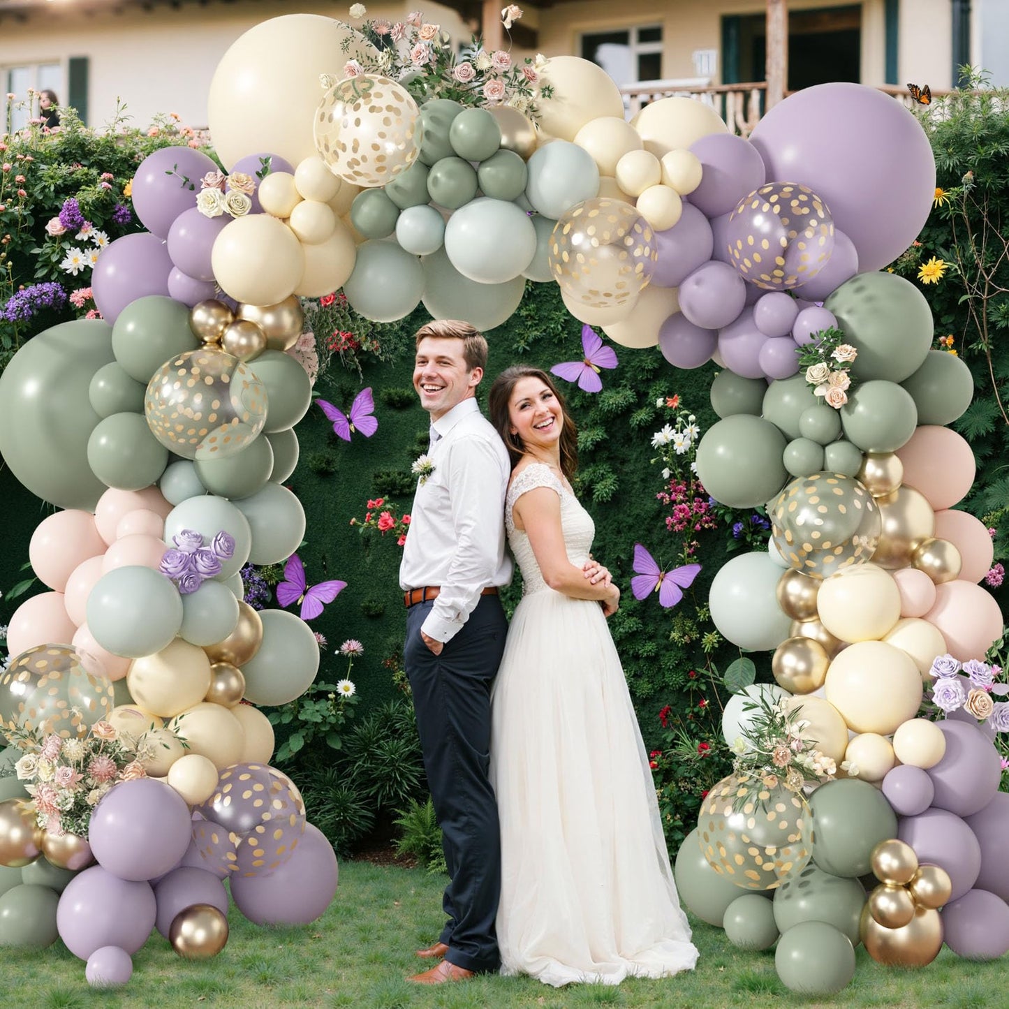 Amandir 173Pcs Dusty Green Purple Pink Balloon Arch Garland Kit, Lavender Pastel Blush Pink Yellow Mist Green Gold Confetti Balloons for Easter Shower Wedding Tea Wildflower Birthday Party Decorations