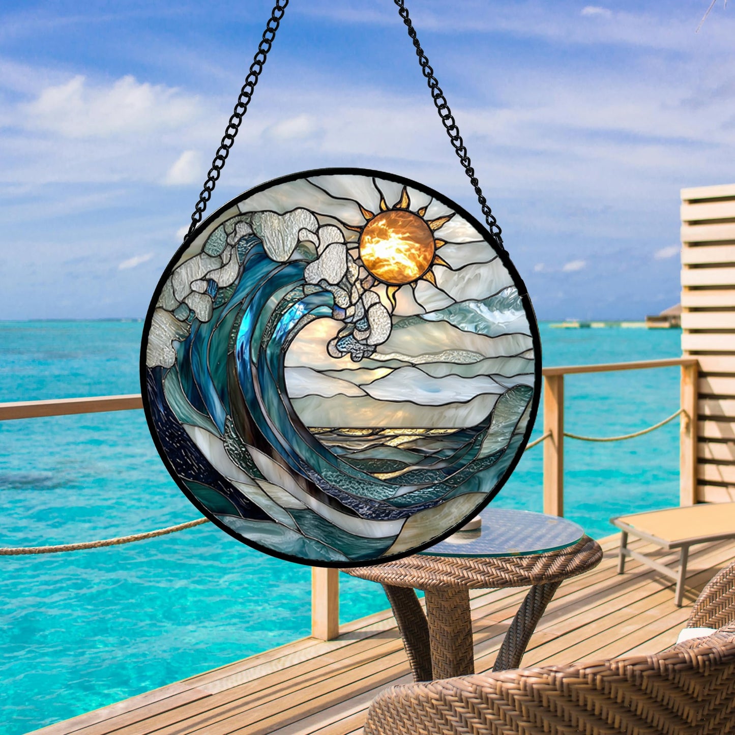 DASTOLL Stained Glass Window Hanging, Blue and White Waves Suncatcher Diamond Glass Panel Landscape Sun Catchers Decor for Birthday for Women, Men, Wife, Aunt, and Mom 7.8 in