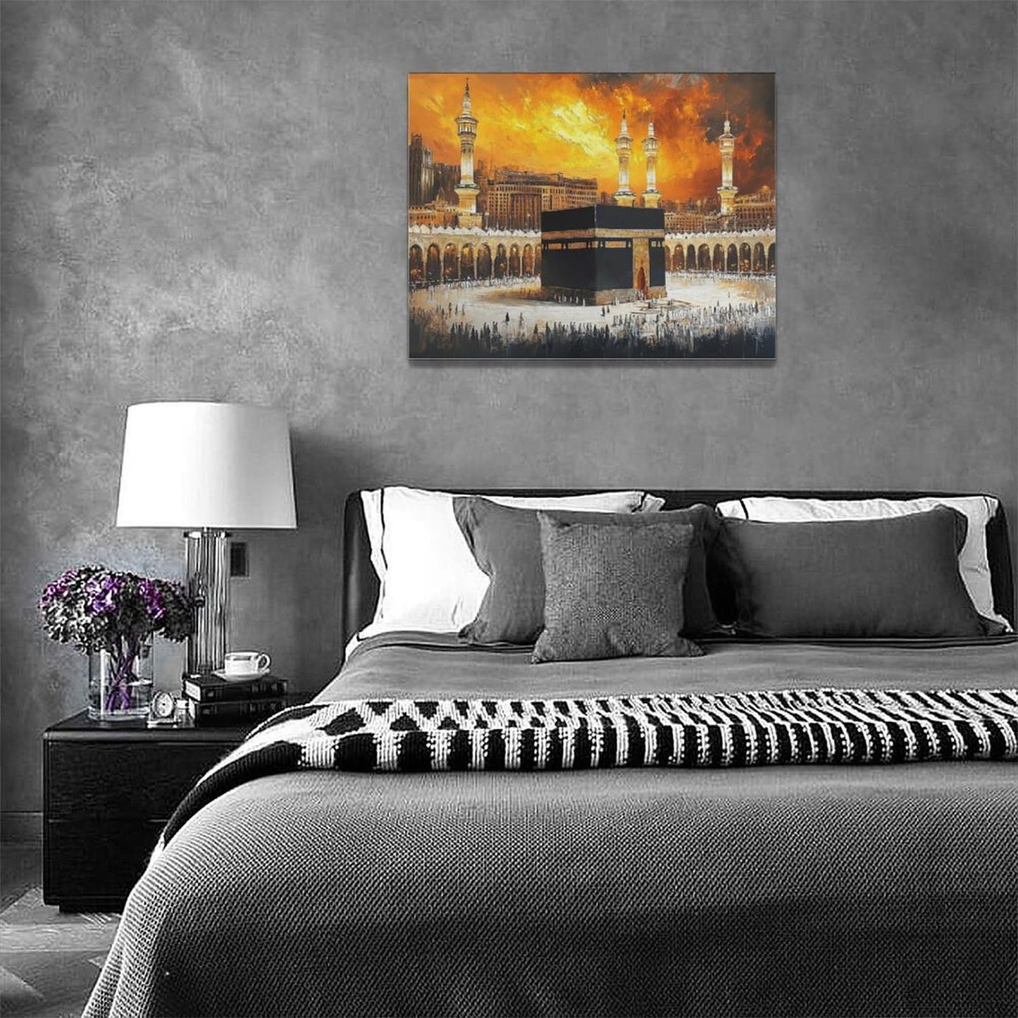 Islam Religious Wall Art Islamic Mosque Kaaba Pictures Wall Decor Black Gold Mecca Muslim Canvas Prints Painting Framed Artwork Decoration for Faith Bedroom Dining Room Living Room Office 16"x12"