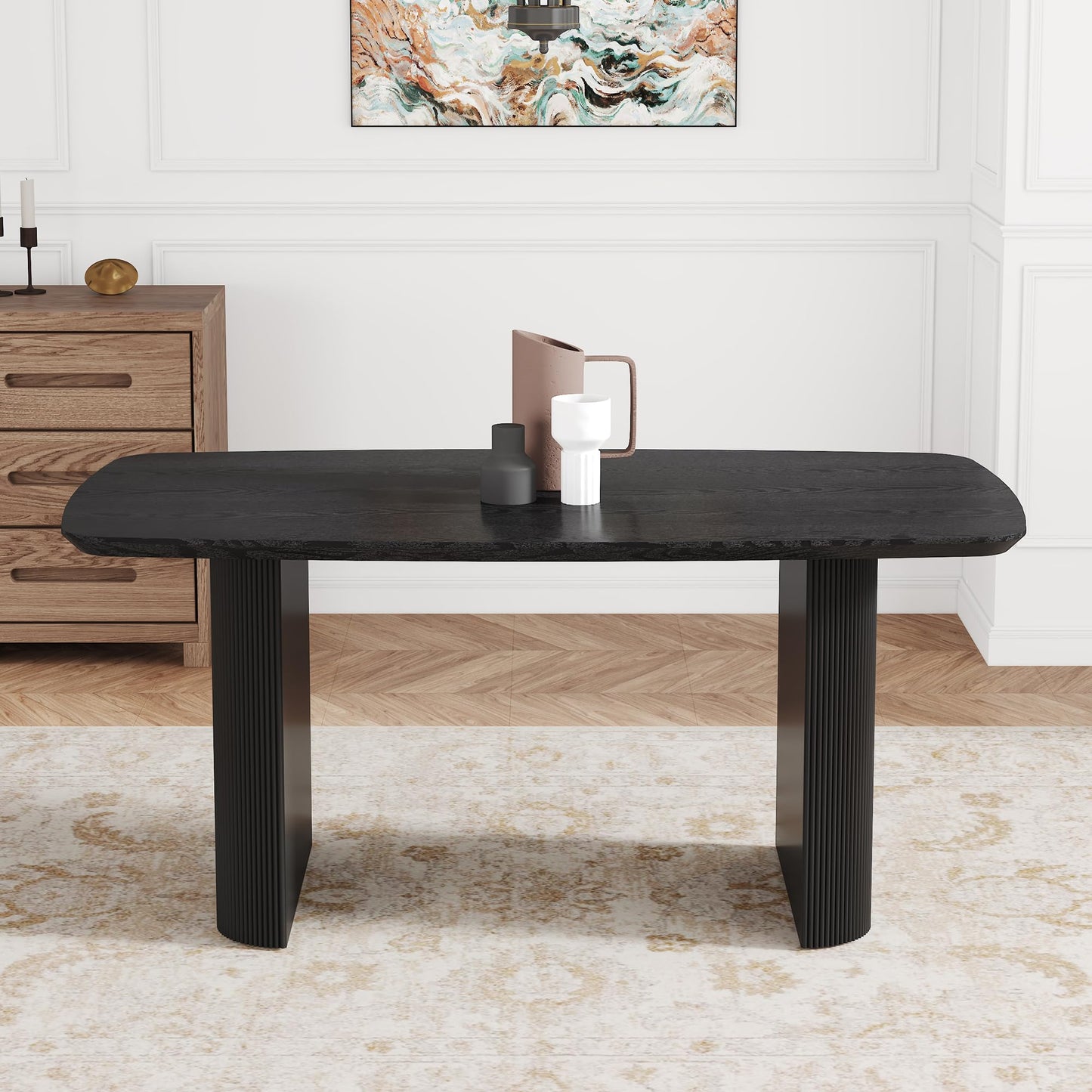 Ebullient Modern Dining Table for 6-8 People, 67'' Black Oval Kitchen and Dining Room Tables, 3.5'' Thick Wood-Patterned Tabletop with Matte Black Tablelegs, Space Saving Kitchen Table