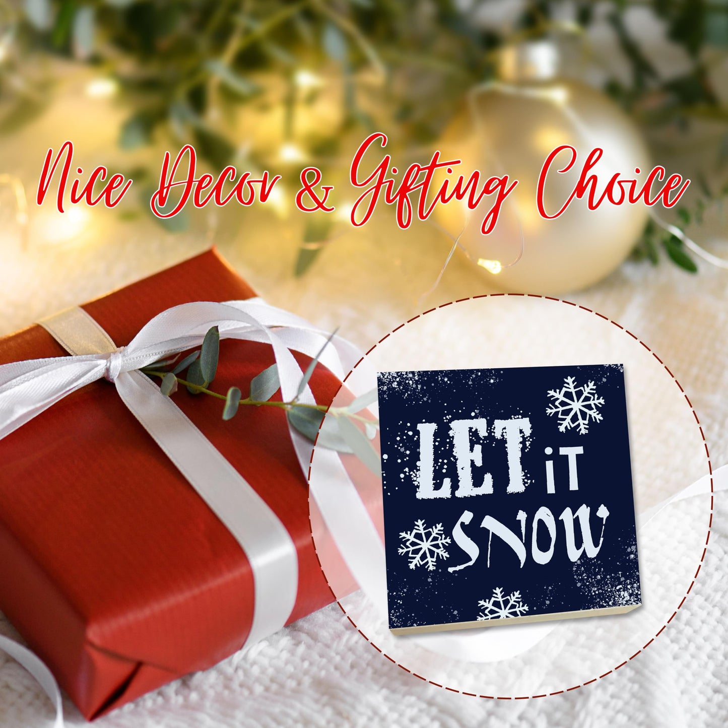 5" Pinewood Block Sign Gift - Let It Snow - Holiday Winter Decor Snowflake Small Gift For Friends & Families, Living Room, Counter, Shelf, Snowflake Home & Office Decoration & Gift(Blue)- B05