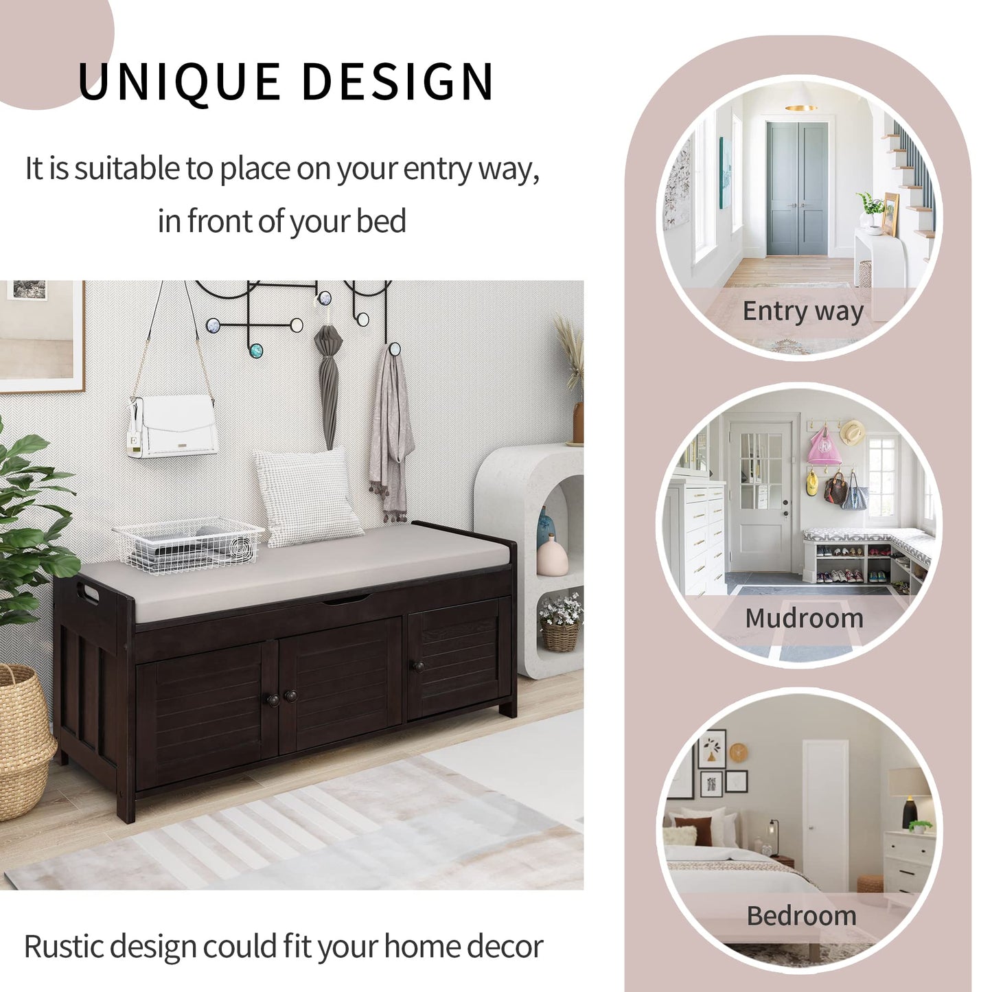 Entryway Bench, Storage Bench with 3 Shutter-Shaped Doors and Flip-Open Storage Box, Shoe Bench with Adjustable Shelves and Removable Seat Cushion, Shoe Rack for Hallway, Living Room, Espresso.
