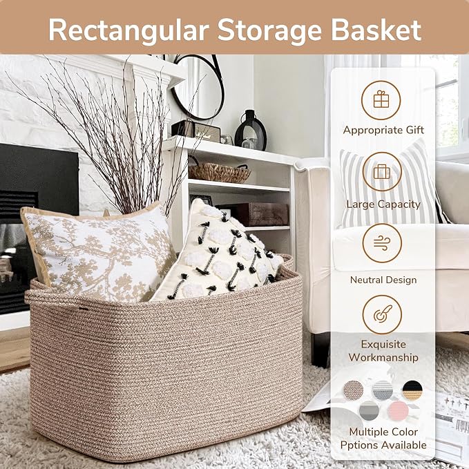 Goodpick Blanket Basket, Woven Baskets for Storage, Extra Large Storage Basket for Clothes, Toys, Dirty Clothes Basket for Laundry, Living Room, 23.6" x 15.7" x 13.8", Brown, 85L