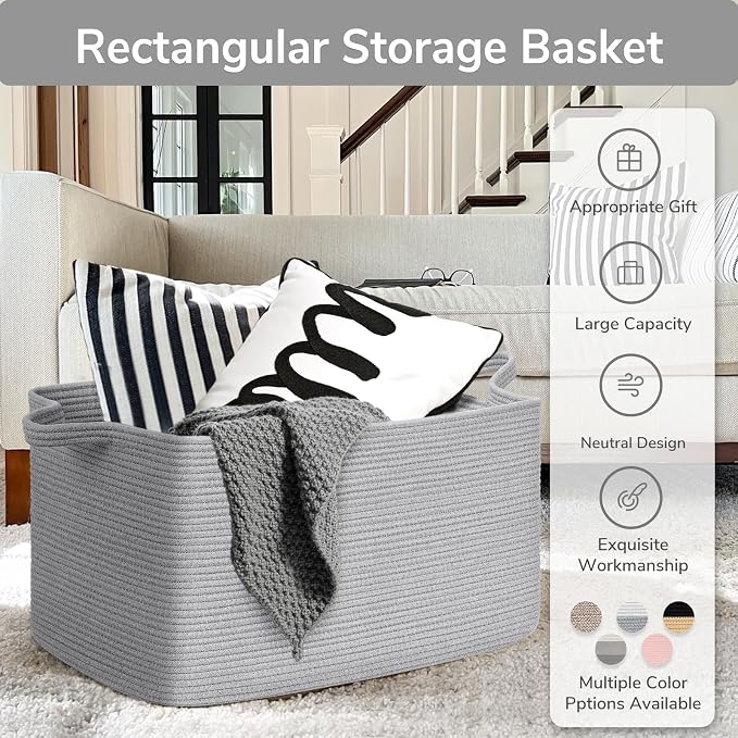 Goodpick 85L Large Woven Basket 23.6" x 15.7" x 13.8" Cotton Rope Storage Baskets for Organizing, Decorative Blanket Basket for Living Room Bedroom, Toy Baskets Storage Kids, Gray