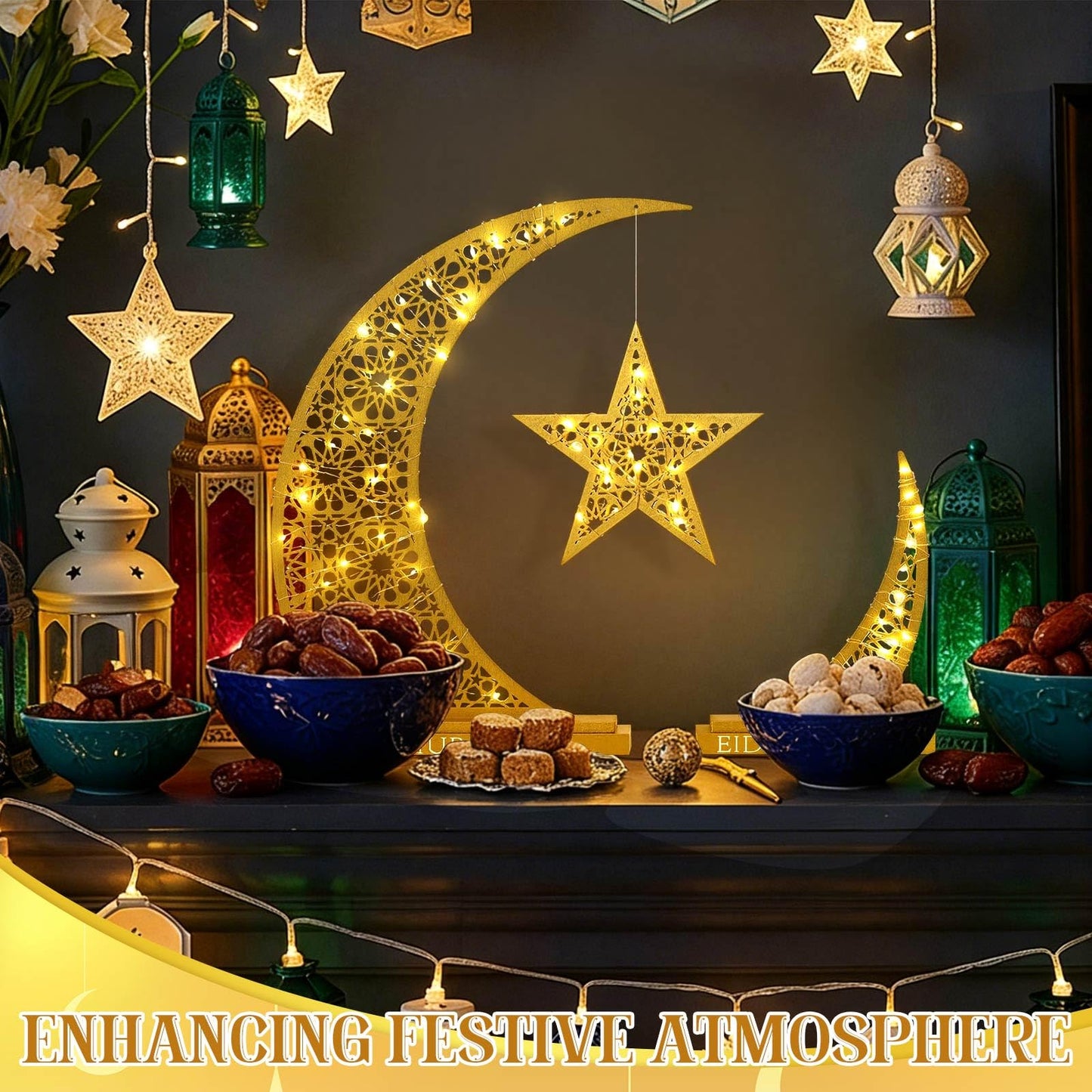 Wesiti 2 Pcs Eid Al Adha Decorations Eid Mubarak Wooden Table Decoration Islamic Gifts for Muslim Gold Crescent Lamp with Moon Star Centerpiece Light for Al Adha Decor Muslim Holiday Celebration