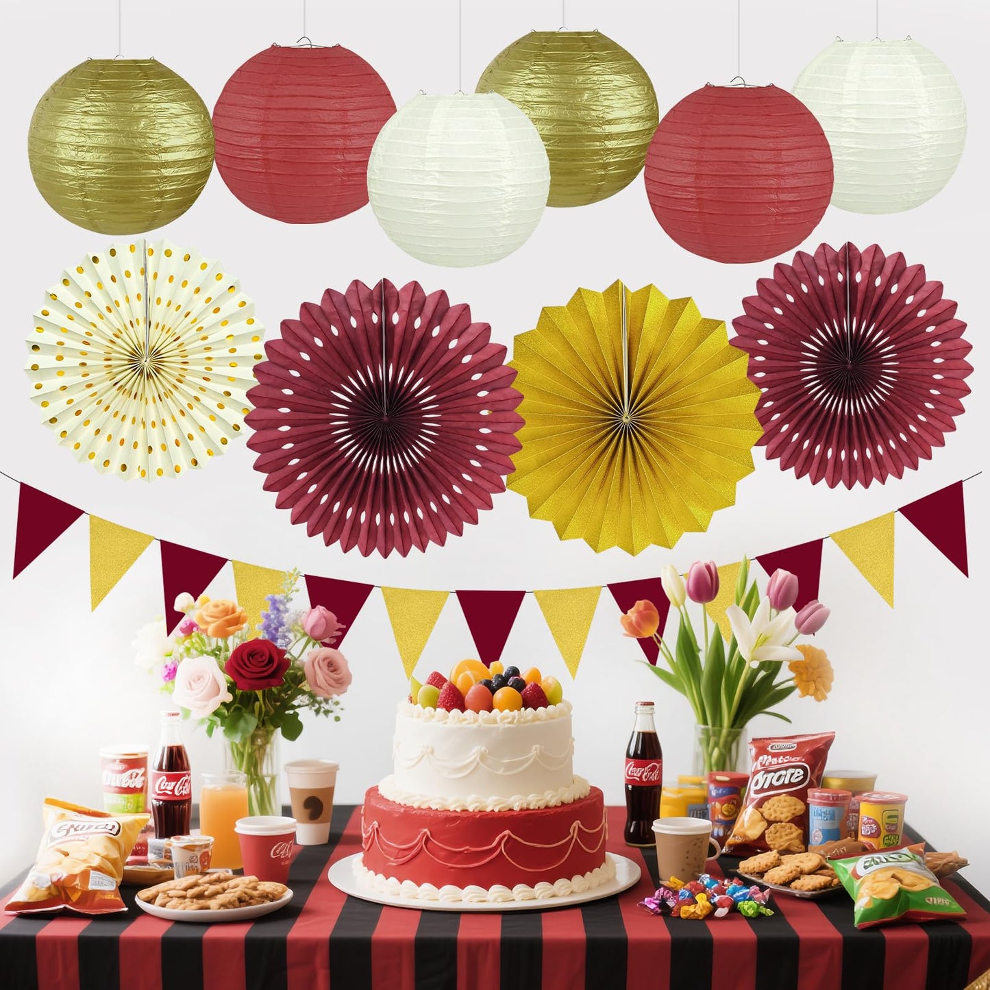 13 Pcs Maroon and Gold Party Decorations Set, Burgundy Gold Cream Hanging Paper Lanterns, Fans & Banner for Graduation Decorations 2026, Wine Party, Adult Birthday, Class Reunion